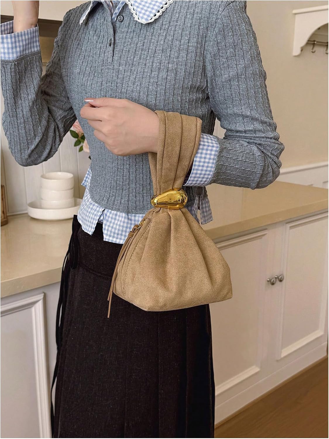 OYOANGLE Women's Mini Leather Bucket Bags Top Handle Purse Metallic Buckle Handbags Hobo Bag