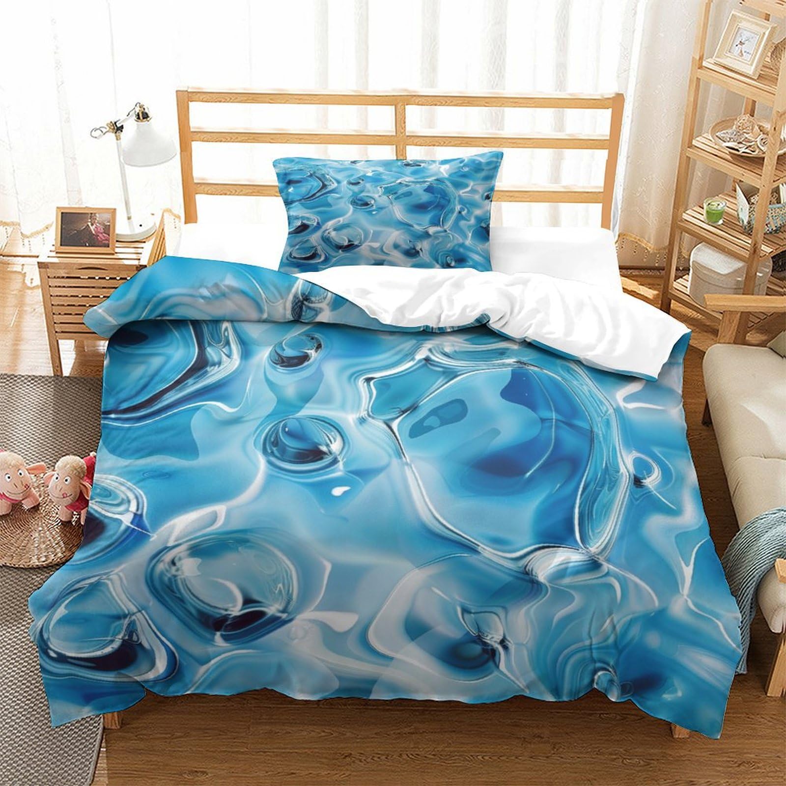P1s9u7w5y Water Ripple-5 3D Printed Ocean Blue Pattern 3Pcs Microfiber Wave Duvet Cover Set Ripple Bedding Set Single（135X200cm）