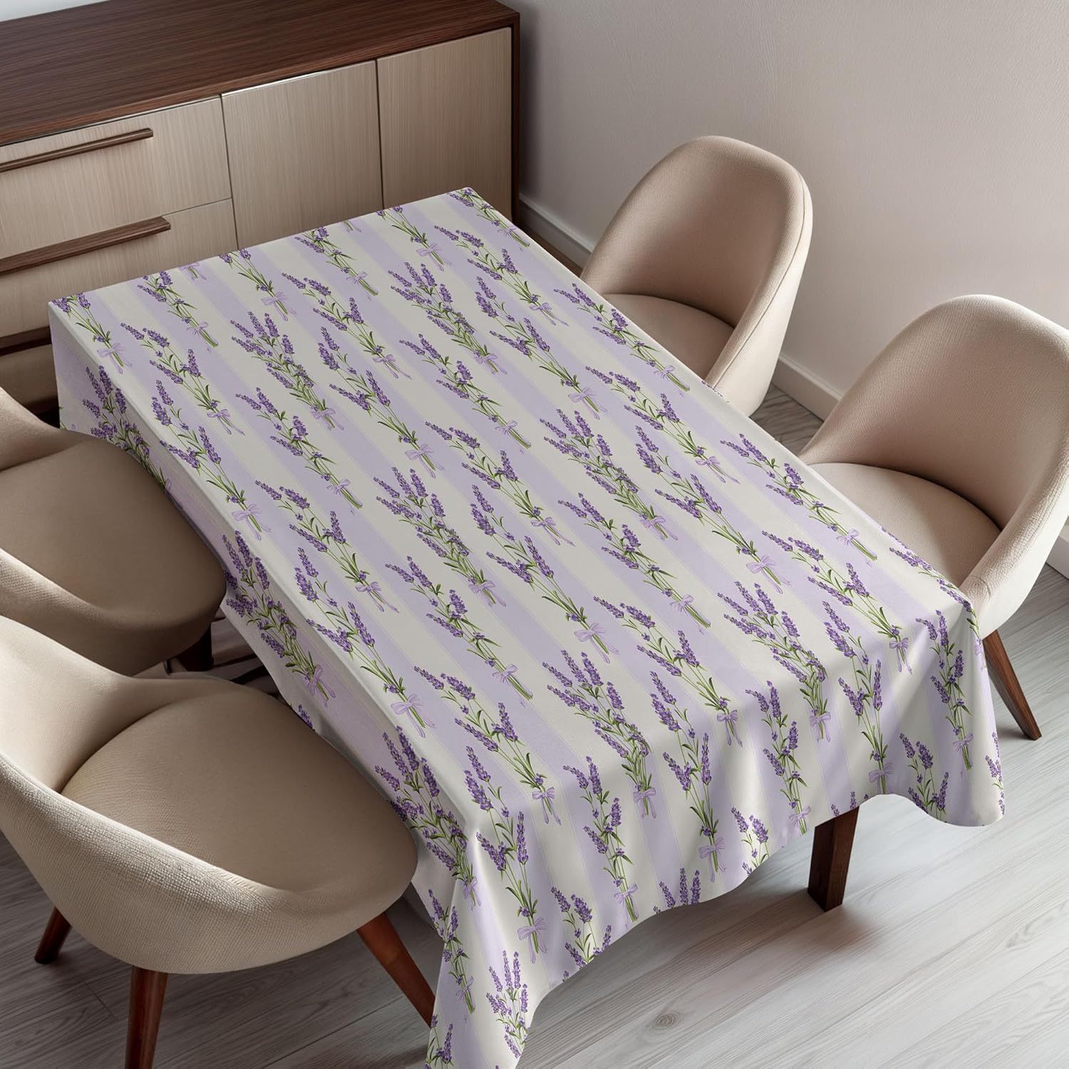 Ambesonne Lavender Tablecloth, Stripes and Flowers Ribbons Romantic Country Spring Season Inspired Design Art, Rectangular Table Cover for Dining Room Kitchen Decor, 60" X 84", Purple