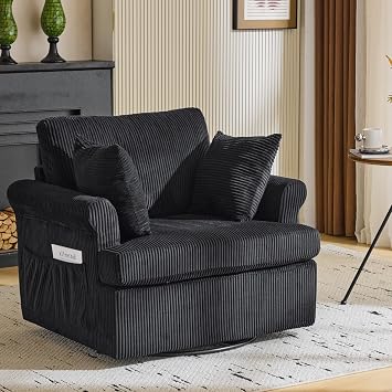 39" Oversized Armchair,360Swivel Accent Chair,Comfy Upholstered Corduroy Chairs W/2 Pillows and 2 Side Pockets,Modern Side Reading Seat for Living Room,Bedroom and Office Black