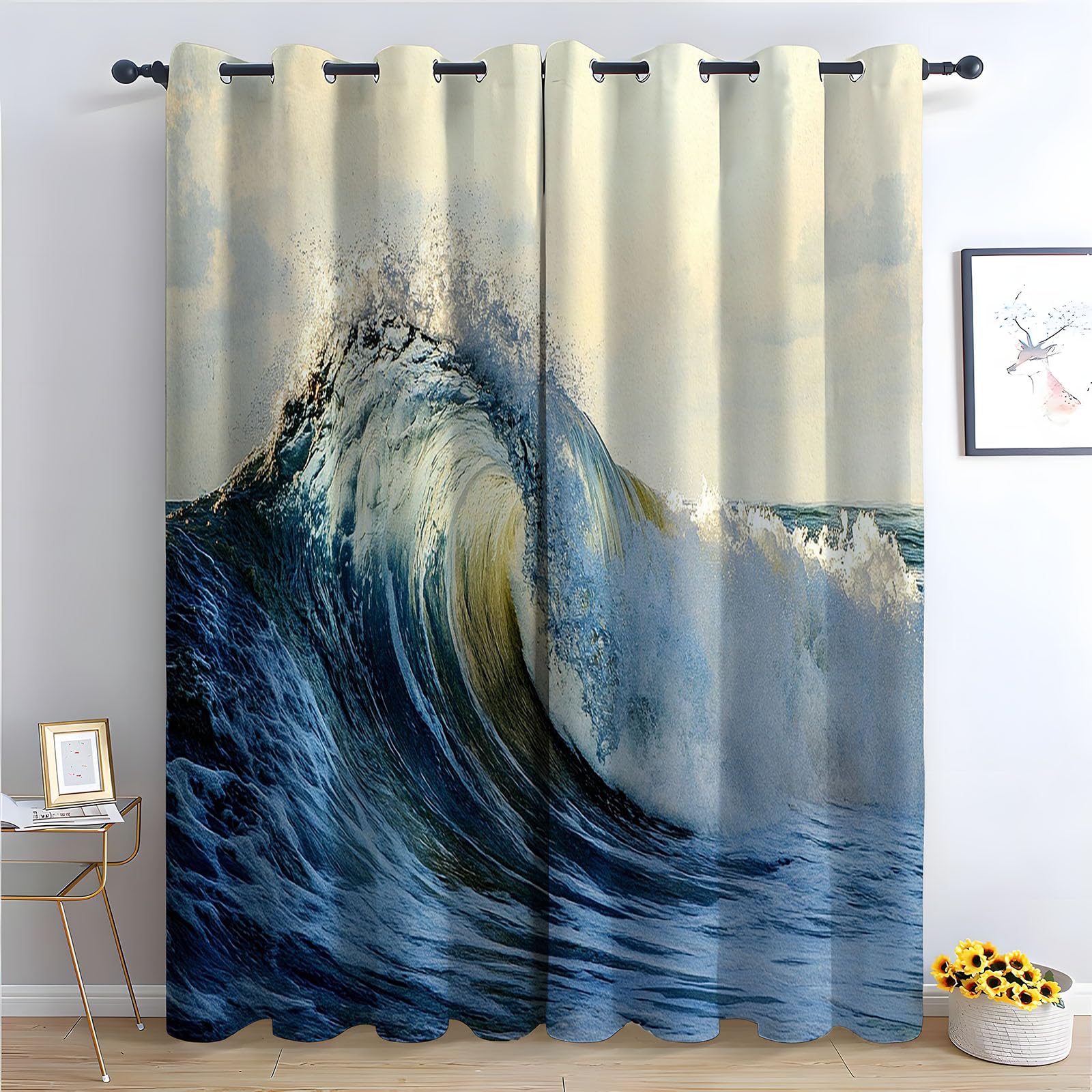 WIKEO Floral Curtains for Living Room Bedroom Ocean Landscape pattern Textured Farmhouse Curtain Leaf Printed Eyelet Rustic Drapes Window Treatment-52 W x 96" L (Pack of 2)