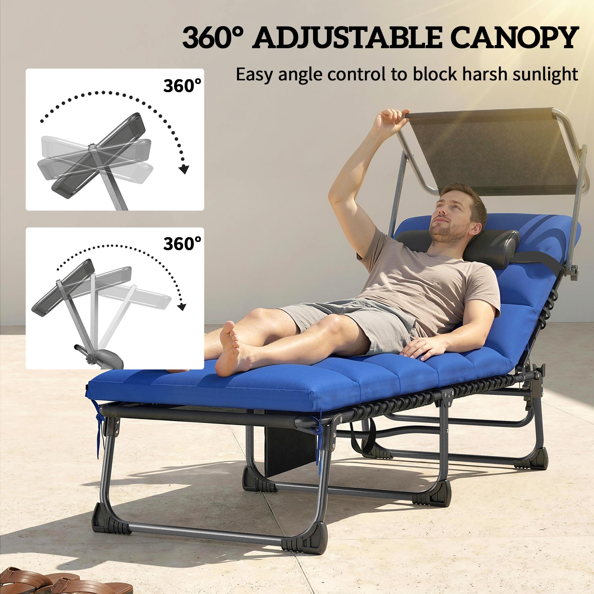 Outsunny Folding Sun Loungers Set of 2 with Canopy, 5-Position Reclining Garden Lounger, Side Pocket, Headrest, Cushions, Portable Recliner Sunbed with Carry Handle for Camping Beach Patio, Dark Blue — view 4