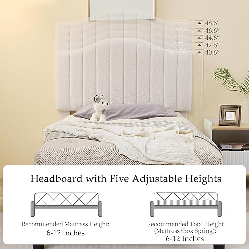 Miniatura 6 de VECELO Base de cama individual tapizada con cabecera de tela de peluche ajustable en altura, listones de madera fuertes que soportan 7.9 pulgadas