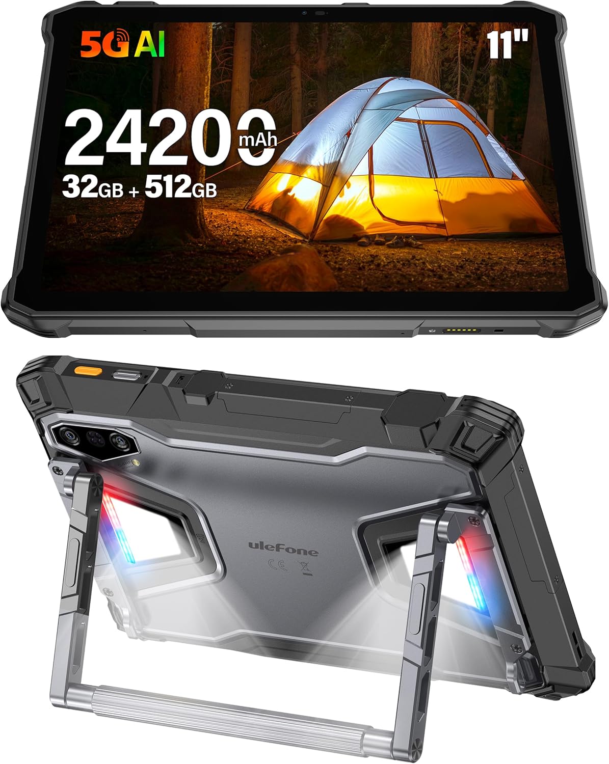 Ulefone Armor Pad 5 Pro 5G Rugged Tablet, Dimensity 7400X 32GB+512GB/2TB Expansion Android 15, 24200mAh(120W), 11" FHD+ Screen, IP68/69K, 64MP+64MP, 32MP, Dual LED Lights/Warning Lights, Widevine L1