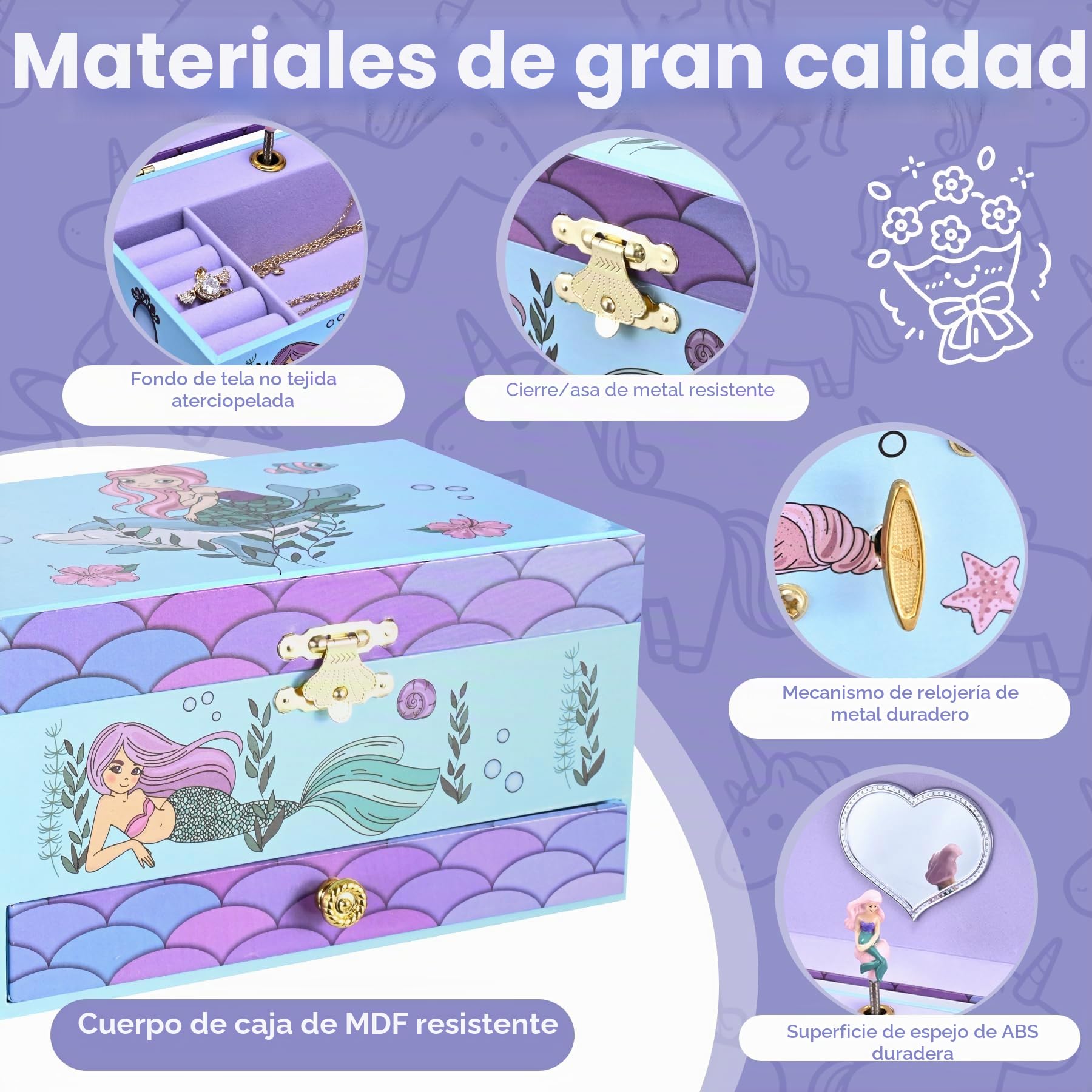 Joyero Musical Sirena para Niñas con Sirena Giratoria y Espejo - Regalo de Cumpleaños y Navidad para Niñas 3-10 años(Violeta)