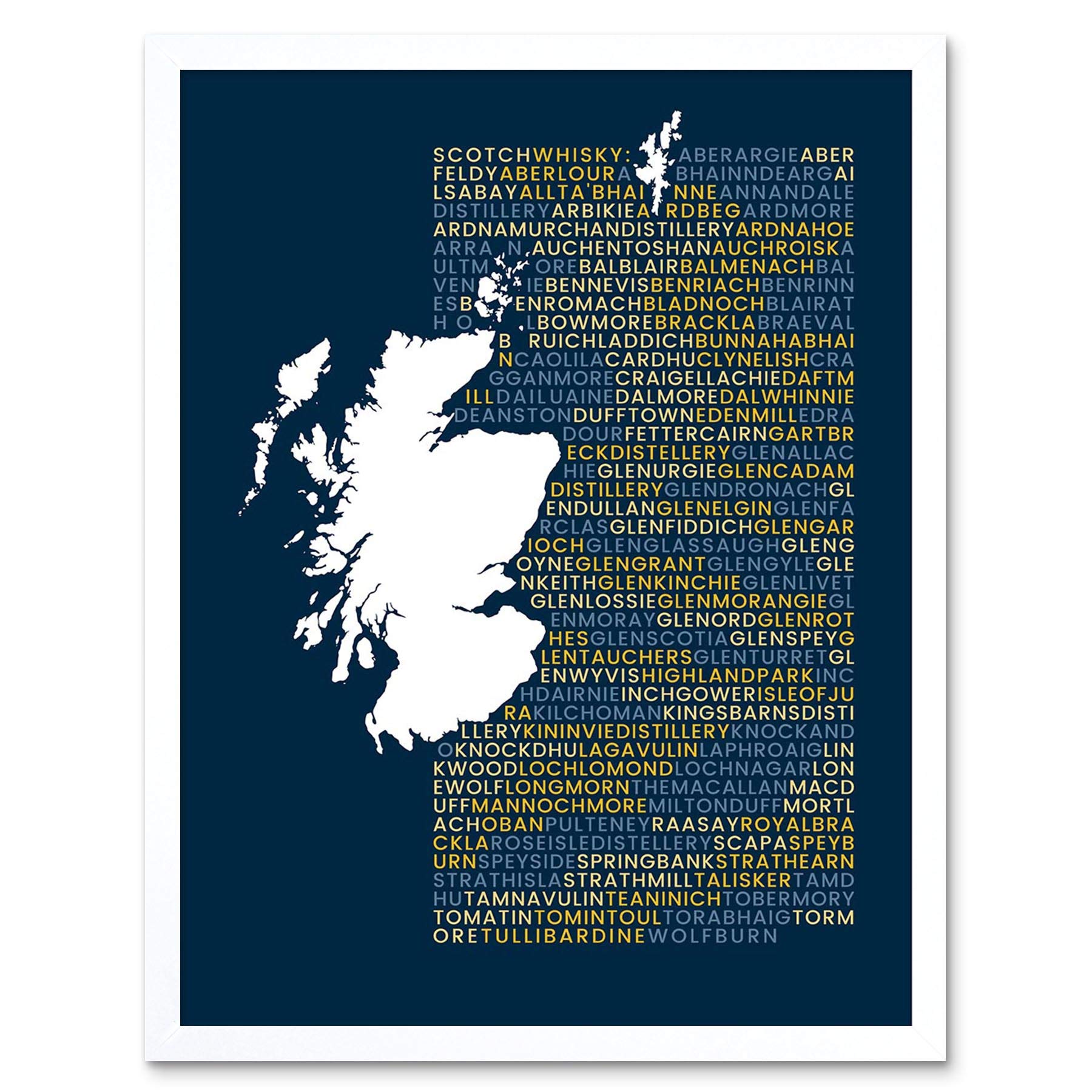 Wee Blue Coo Scotch Whisky Distilleries Map Art Print Framed Poster Wall Decor 12X16 Inch