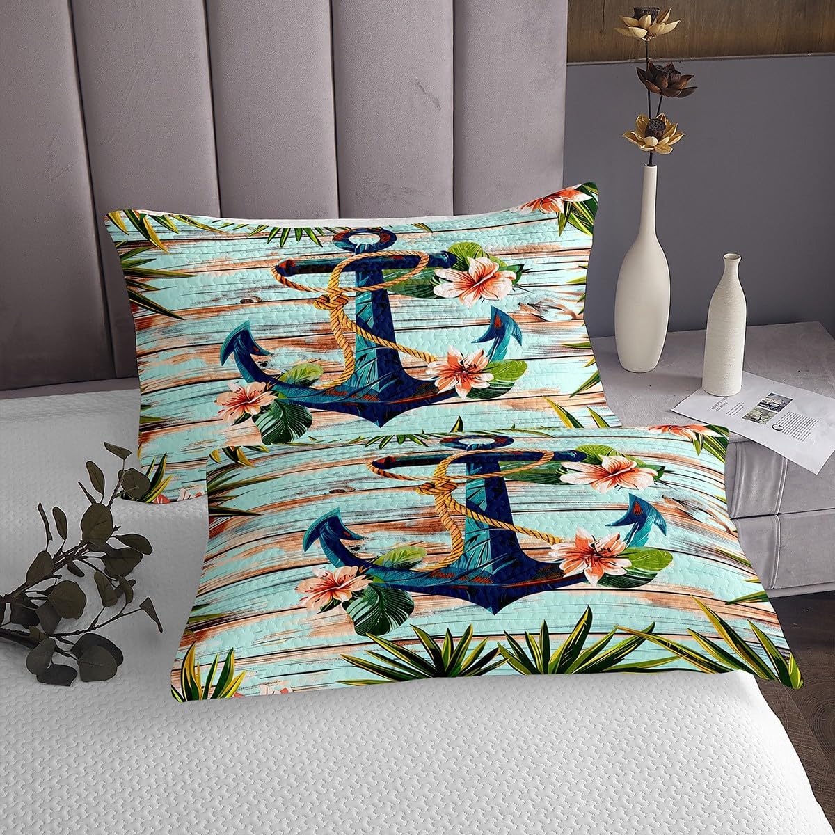 Erosebridal Teal Anchor Coverlet Set Queen Size, 3 Pcs Nautical Anchor Bedspread Retro Wooden Plank Quilted Ship Anchor Marine Life Quilt Set Flower Leaves Bedroom Decor