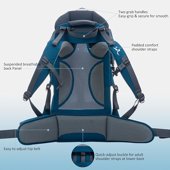 WIPHA Ultralight Toddler Hiking Baby Carrier Backpack with Sunshade, Blue | Ergonomic padded support, adjustable foldable design, storage pocket, comfy for long walks, great travel & Christmas gift