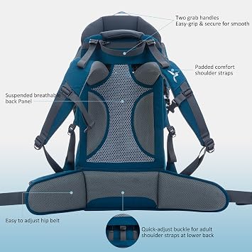 WIPHA Ultralight Toddler Hiking Baby Carrier Backpack with Sunshade, Blue | Ergonomic padded support, adjustable foldable design, storage pocket, comfy for long walks, great travel & Christmas gift