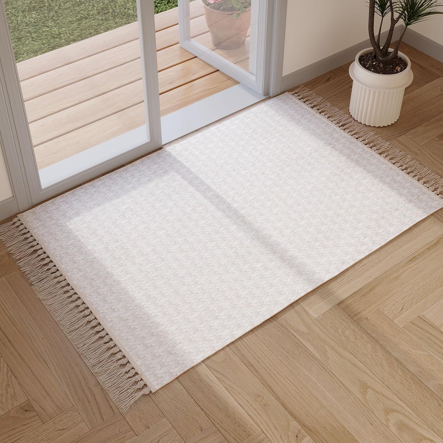 Boho Runners for Hallways 2x6 ft Washable Runner Rug Non Slip Rubber Backed Kitchen Rug Woven Entryway Runner Rugs Tassels Carpet Runners for Indoor Hallway Bedroom (Beige/White)