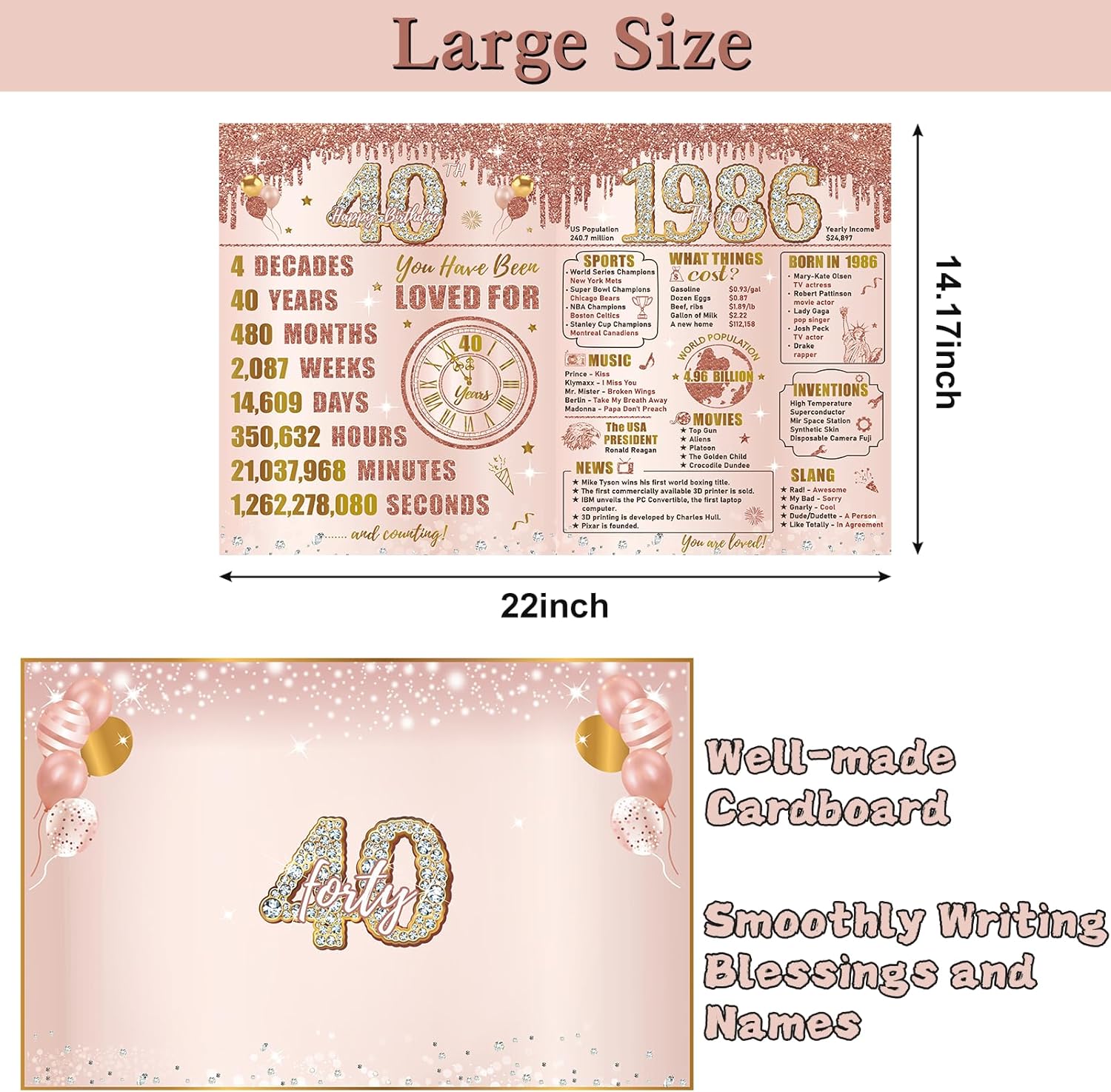 Large 40th Birthday Card With Envelope for Women, Pink Rose Gold The Year 1986 Happy 40th Birthday Giant Guest Signature Book Gift, Extra Big Forty Greeting Card Decoration Party Supply - Image 2