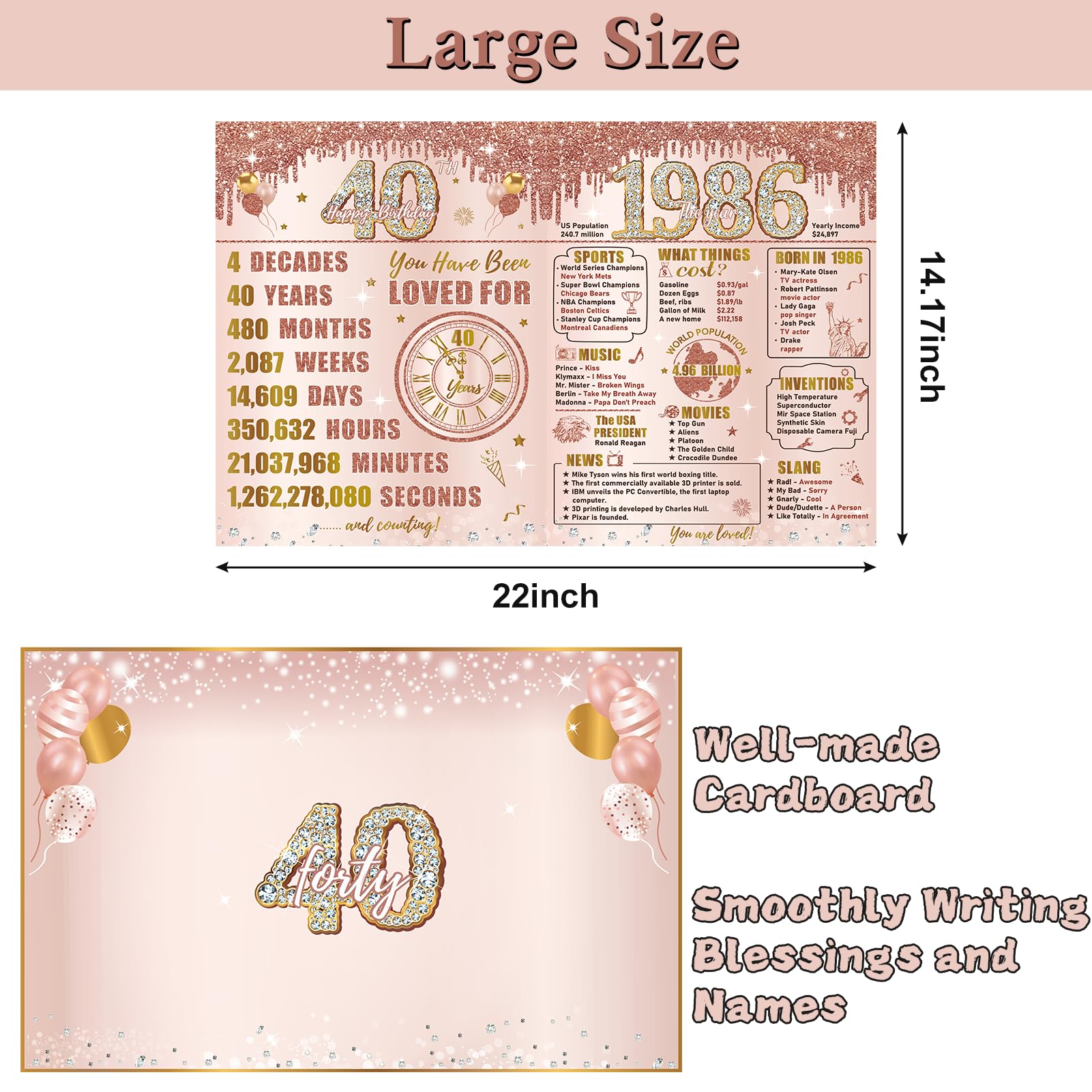 Turypaty Große Karte zum 40. Geburtstag mit Umschlag für Frauen, Rosa Roségold Back in 1985, Happy 40th Birthday, riesiges Gästebuch, Geschenk, extra große vierzig Grußkarte, Dekoration, Partyzubehör