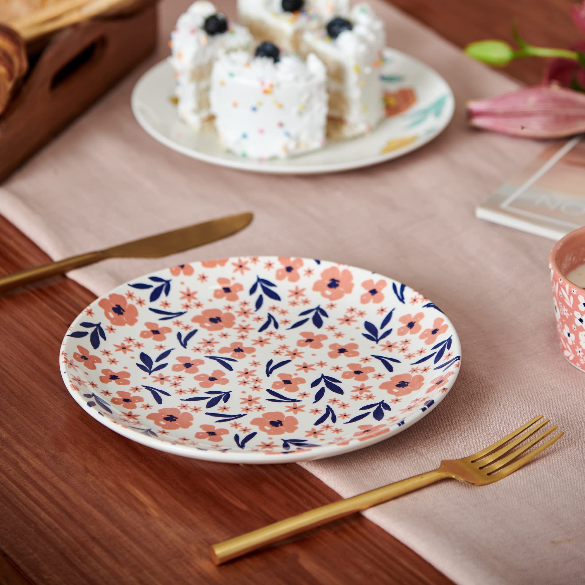 Chumbak Blooms & Blossoms Dinner Plate, Peach, Tableware, Plates and Dishes, Ceramic Plate, Round Plate for Salad, Main Course, Dessert, Dishwasher and Microwave Safe