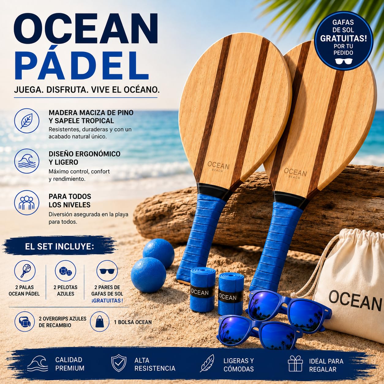 Ocean Pádel Premium-Set aus Holz-Strandschlägern, 2 Frescobol-/Beach-Tennis-Schläger mit 2 Bällen, Tragetasche und 2 Sonnenbrillen, Blauer Griff