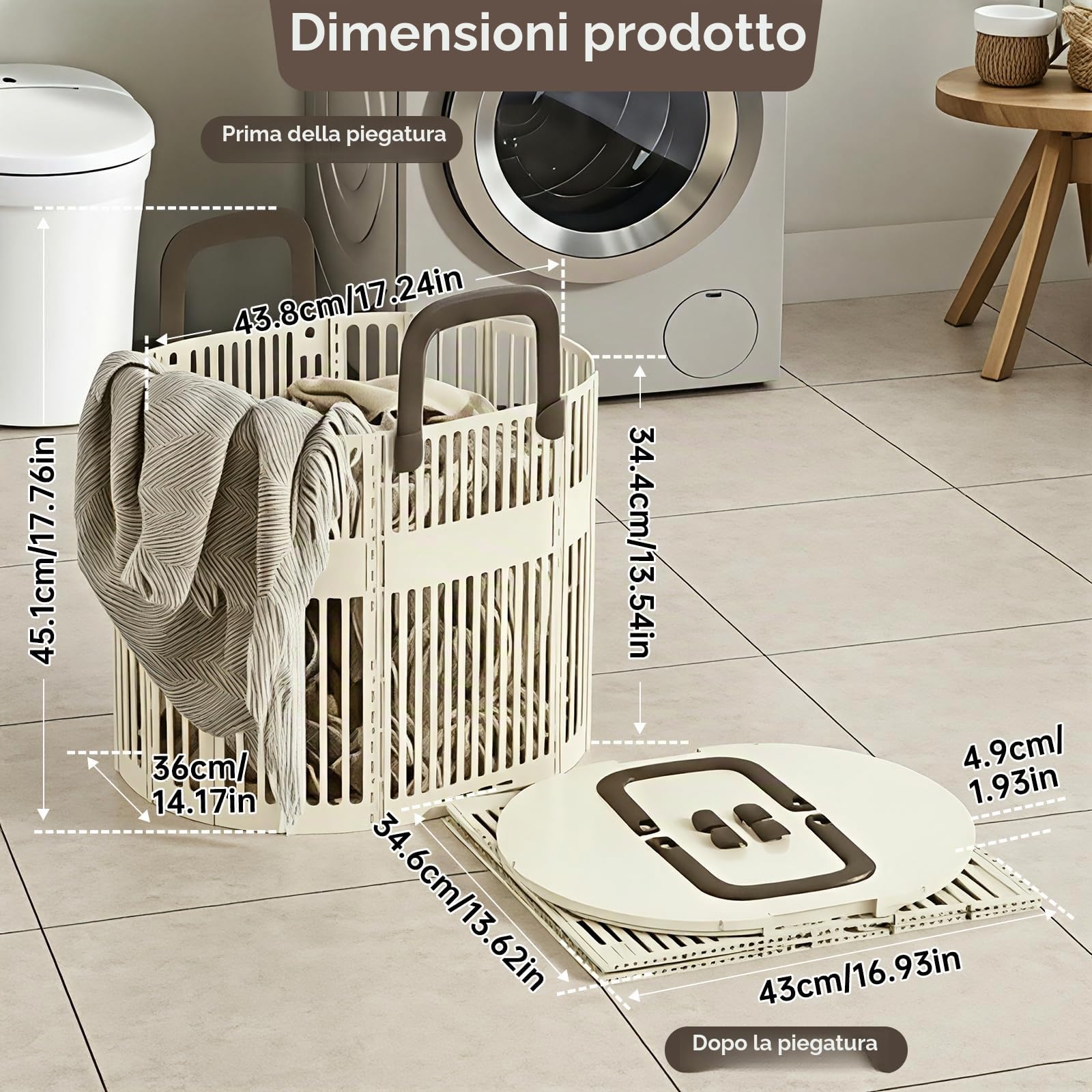 PAVSTINE Cesto Portabiancheria Pieghevole Grande, Portabiancheria Plastica | 43L Cesto Biancheria Sporca con Manici Salvaspazio, Collapsible Laundry Basket per Bagno, Lavanderia, Beige