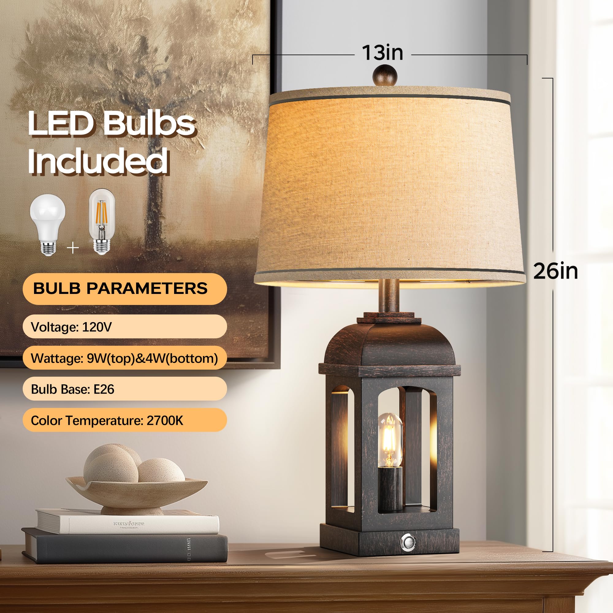 QiMH Lampada da tavolo per soggiorno, lampade da fattoria con USB A+C e luce notturna, lampade da comodino rustiche da 66 cm con controllo touch dimmerabile a 3 vie, lampada da comodino per camera da