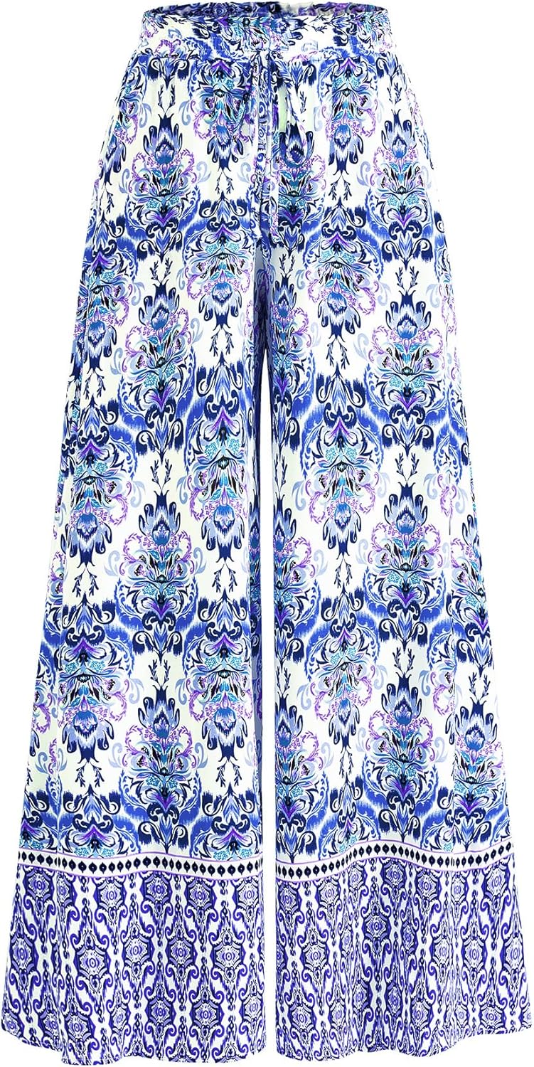 CFLONGE Women Wide Leg Pants Casual High Waist Floral Palazzo Pants for Women Flowy Trendy Lounge Boho Beach Trousers Pockets