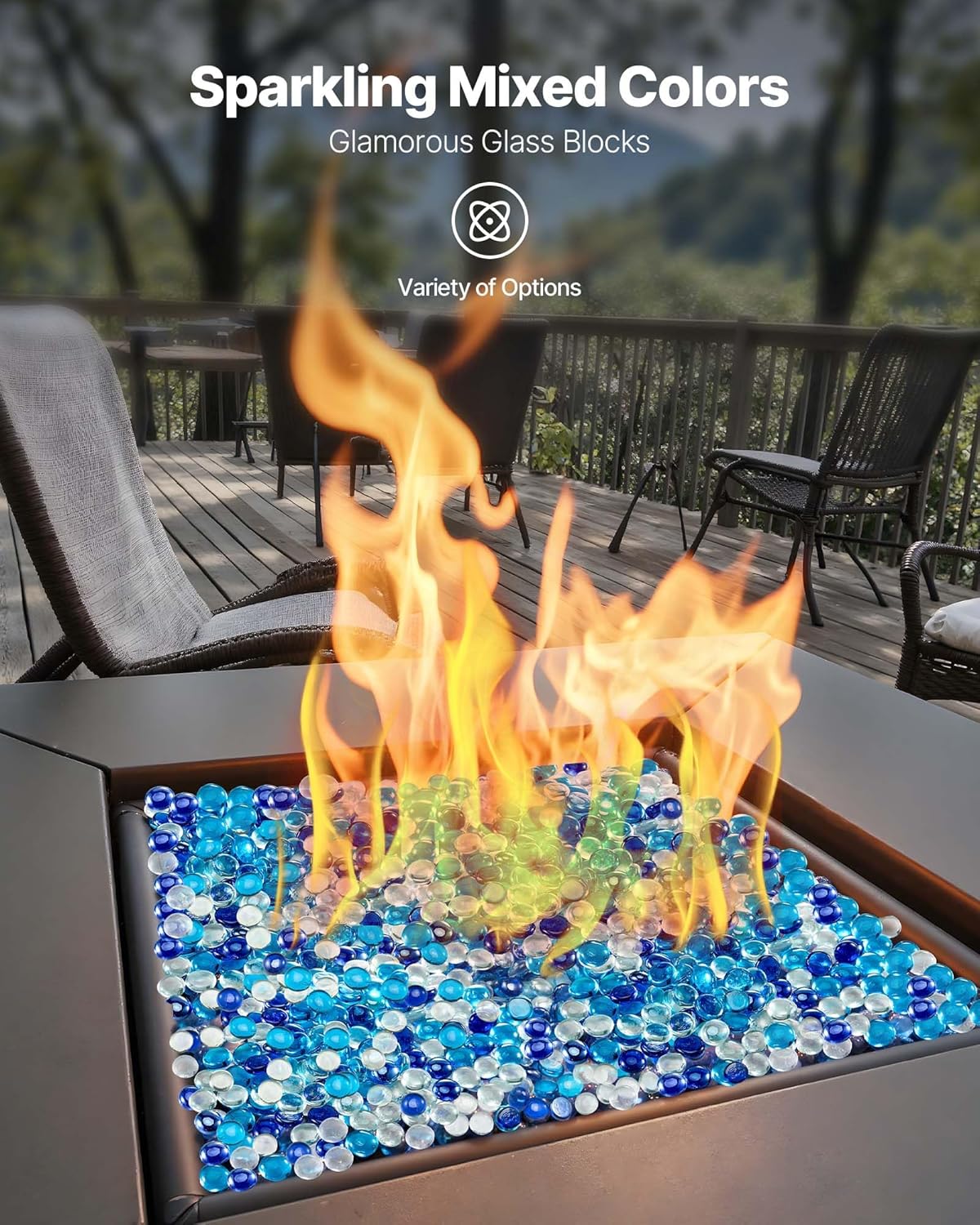 VEVOR Fire Glass, 10 lbs, Cobalt Blue + Caribbean Blue + Clear, 3/4 Inch High-Temperature Resistant Fireplace Rocks, Reflective & Smokeless Fire Pit Glass Beads for Outdoor Table, Landscaping