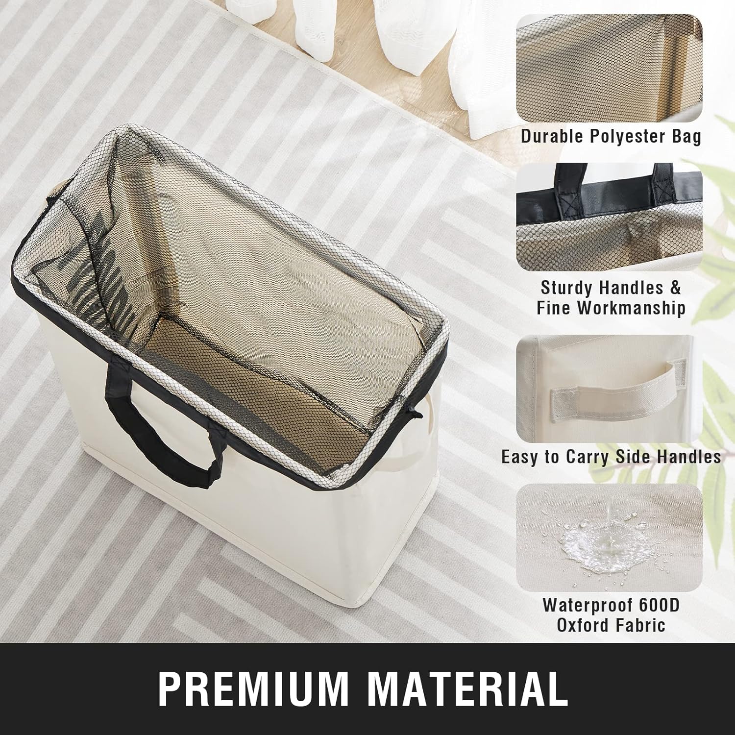 Slim Laundry Hamper with Removable Inner Bag and Side Handles, 45L Small Laundry Baskets to Store Clothes, Narrow Dirty Clothes Hamper for Laundry Room, Bathroom, Bedroom, and Living Room - Beige