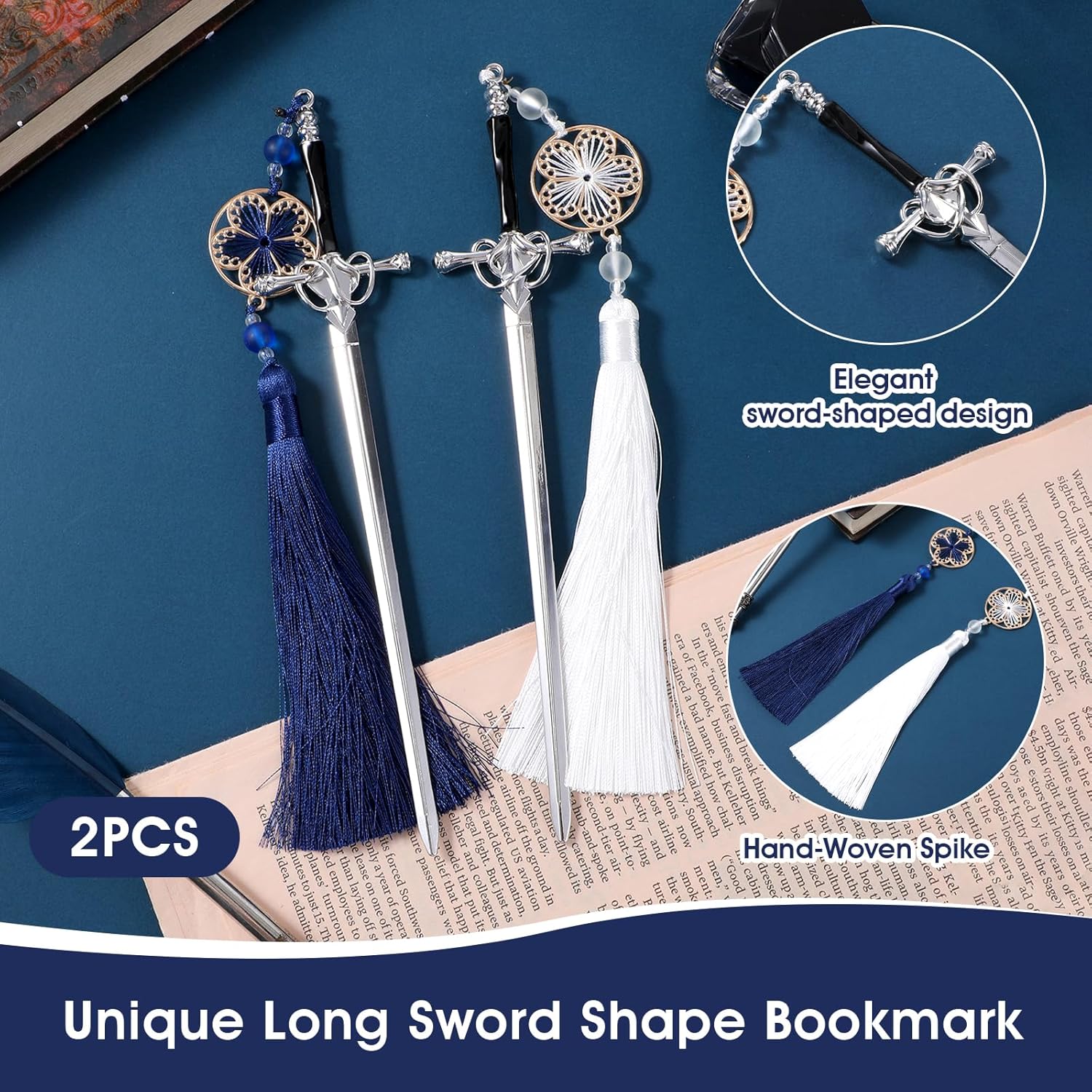 Jeffdad 2Pcs Sword Katana Bookmark Vintage Tassel Metal Pendant Bookmarks Unique Book Lovers Presents Birthday Presents Teacher Gifts Thanks Gift for Boyfriend(Silver Blue + Silver White) - Image 2