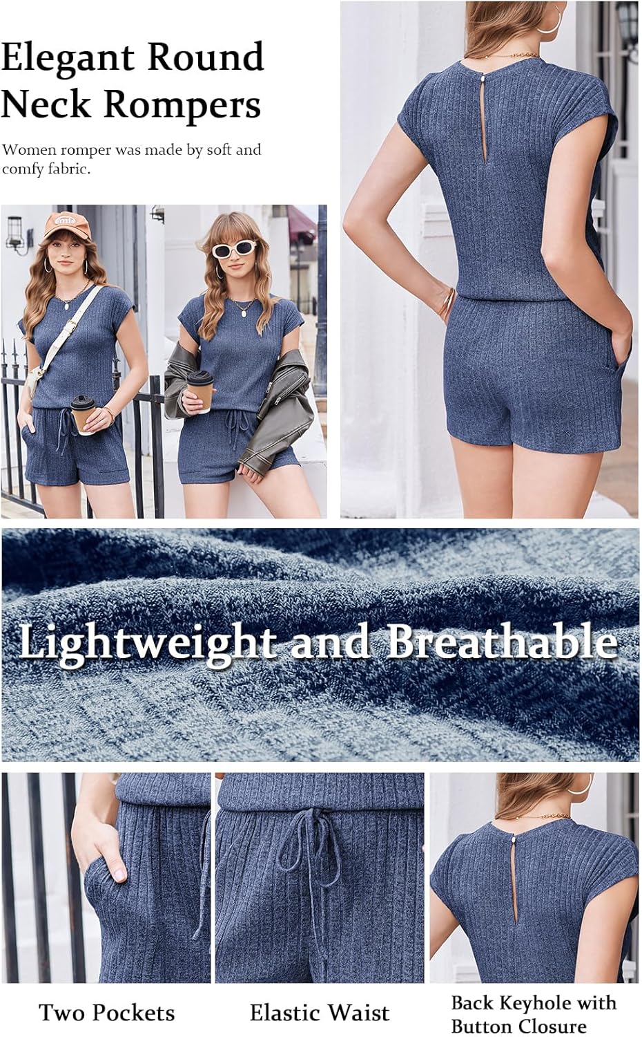 Ekouaer Rompers for Women Summer Casual Cap Sleeve Crewneck Short Pants Jumpsuit Beach Vacation Outfit with Pockets S-XXL - Image 5