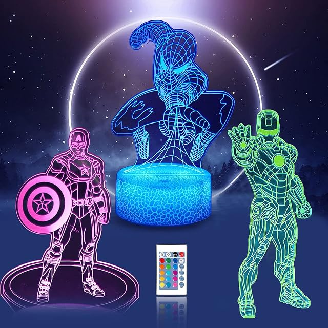 Spiderman Night Light for Kids Iron Man Superhero 3D Illusion Lamp with Remote & Smart Touch, 7 Colors Changing Bedside Lights for Boy Bedroom Decor Christmas Birthday Gifts for Marvel Fans