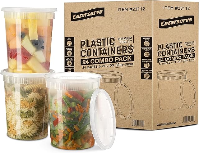 Plastic Containers with Lids - Food Storage Container Set for Meal Prep - Reusable and Leakproof,Microwave and Freezer Safe Food Storage Tubs - by Caterserve (32oz-24 Pcs)