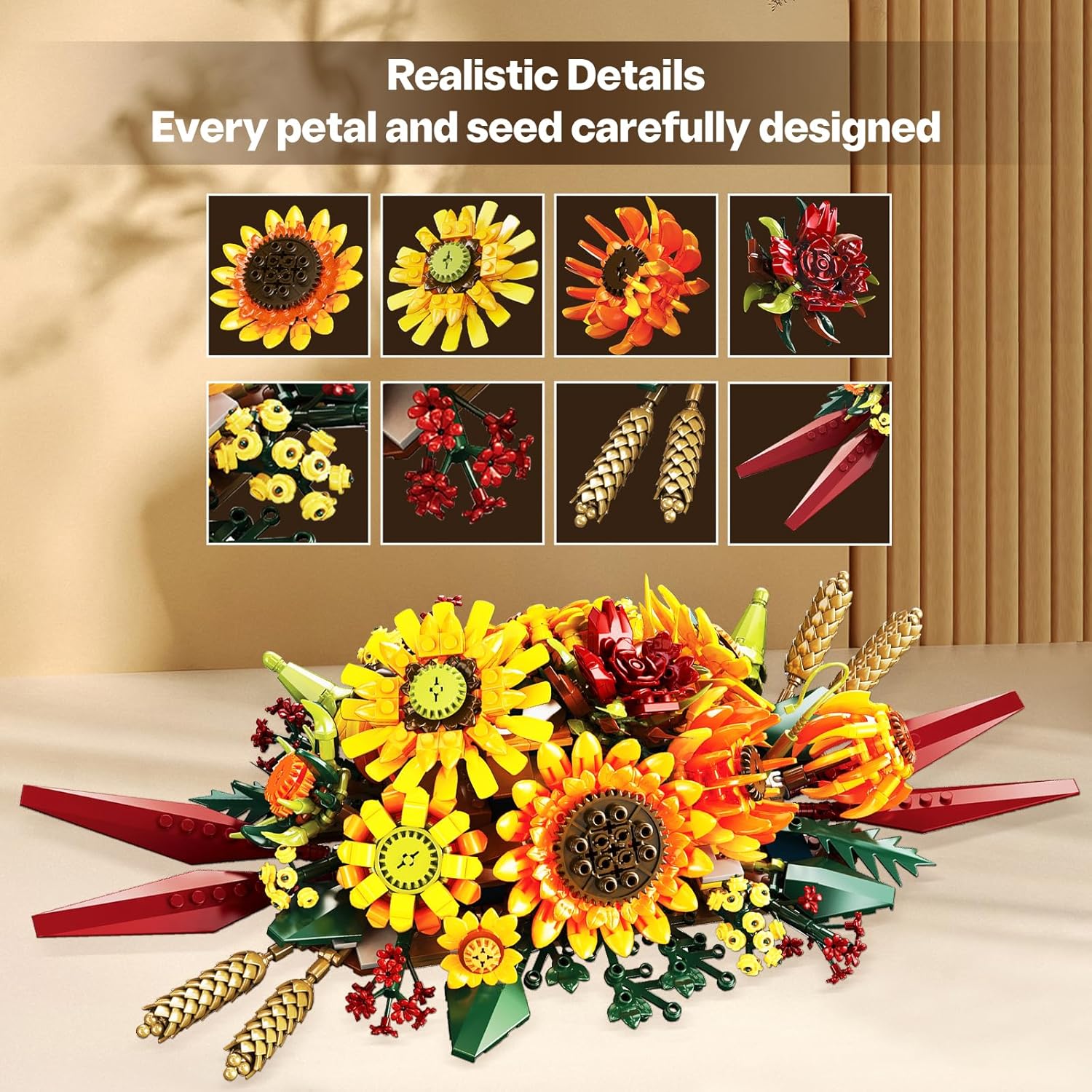 Sunflower Building Blocks Set for Adults 1088PCS Botanical Collection Dried Flower Centerpiece Decor Compatible with Van Gogh Art Brick Kit for Home Table Office Decoration & Gift for Collectors