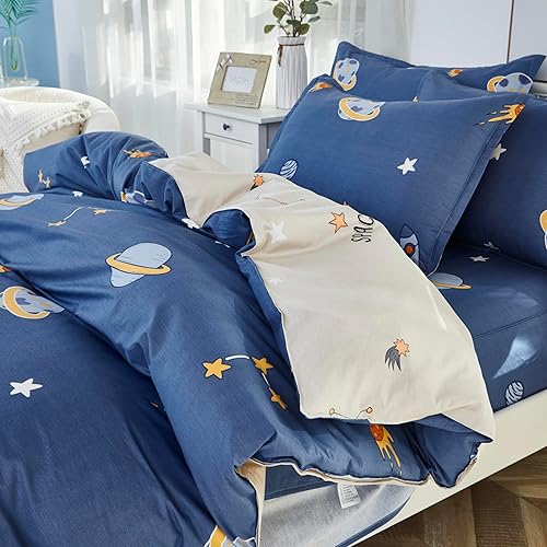 Miniatura 3 de Brandream Juego de ropa de cama para niños, tamaño individualindividual XL, color azul, 100% algodón, reversible, astronauta, cohete, planeta,