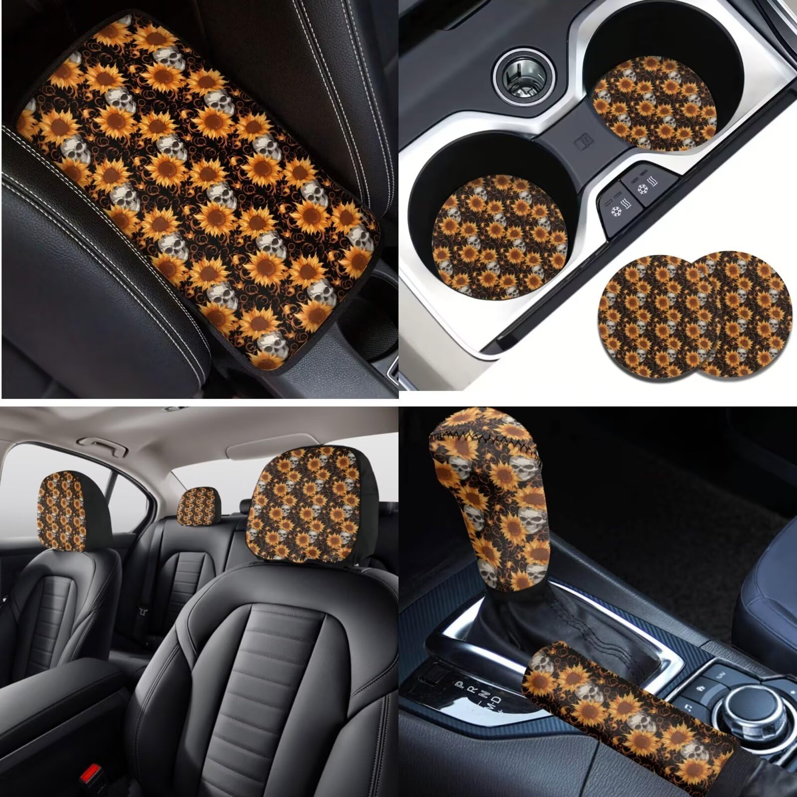 Set di 16 coprisedili anteriori e posteriori per auto, per donne e uomini, con stampa di girasole e teschio con coprivolante, braccioli coordinati, copertura per cintura di sicurezza,