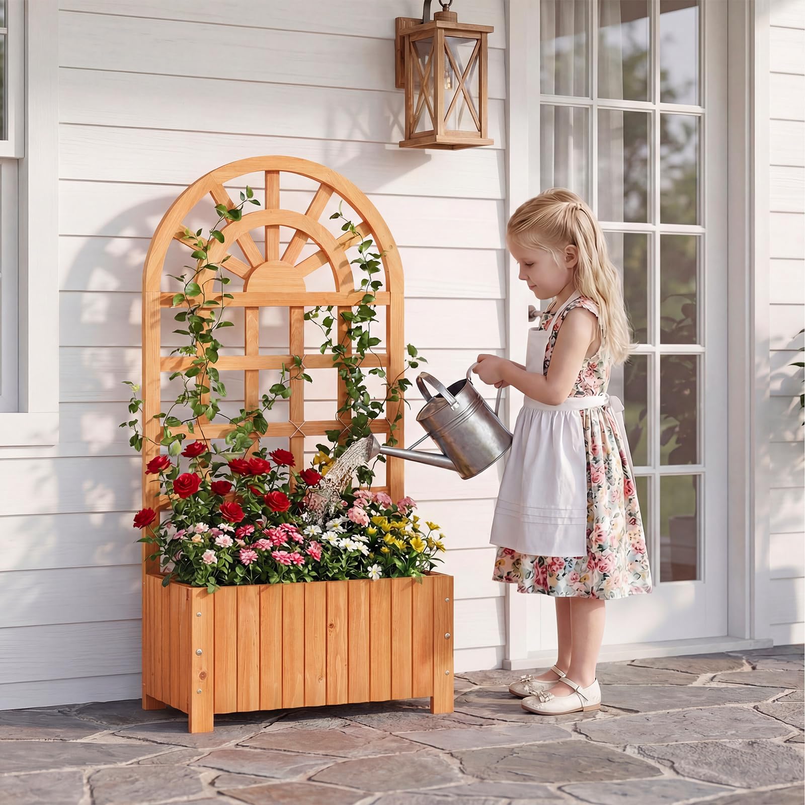 COSTWAY Jardinera con Enrejado de Madera, Jardinera con Celosía y Agujeros de Drenaje, Macetero Elevado para Plantas Trepadoras, Flores, Verduras, Patio, Jardín, Terreza (Marrón,61x30x121 cm)