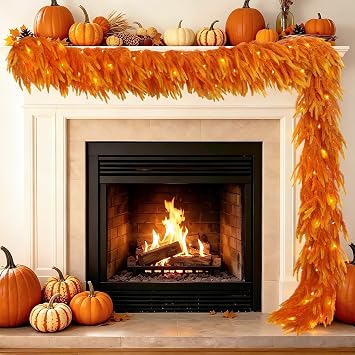 9FT Soft Touch Thanksgiving Norfolk Pine Fall Garland with Timer Lights