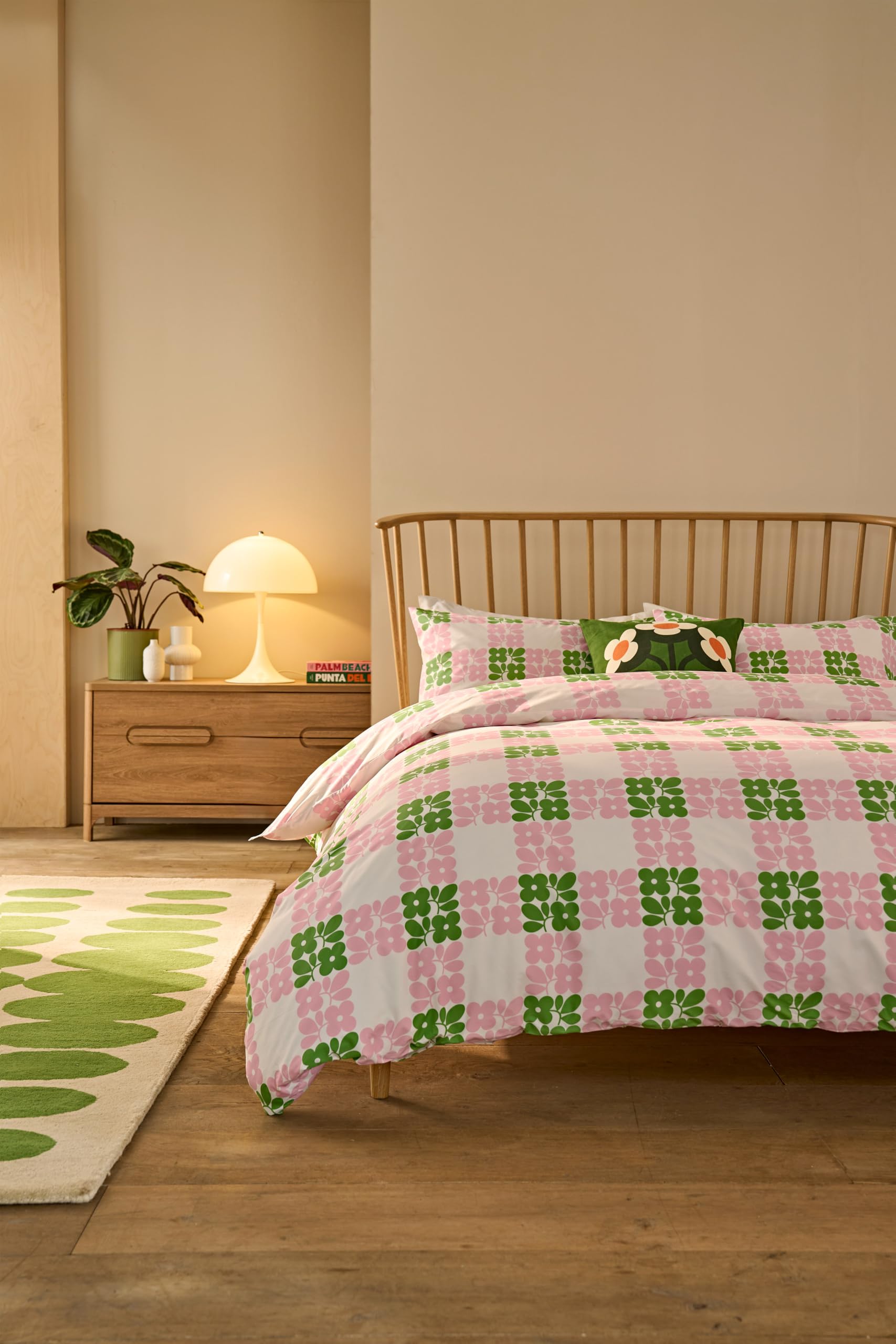 Orla Kiely Pink Floret Check Duvet Set, King, Dill 220 cm x 230 cm x 