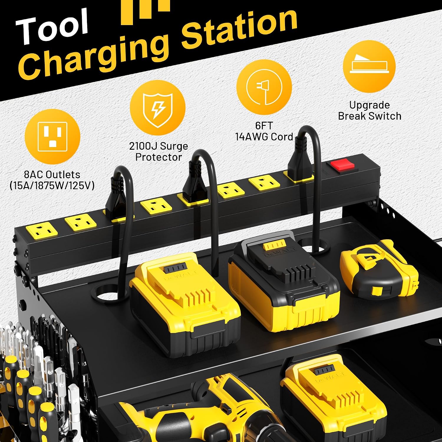 Power Tool Organizer Wall Mount with Charging Station,4 Drill Holder Wall Mount with 8 Outlet Power Strip,Heavy Duty Tool Rack with Hooks,Screwdriver Organizer in Garage(Glossy Black,4 Layer)