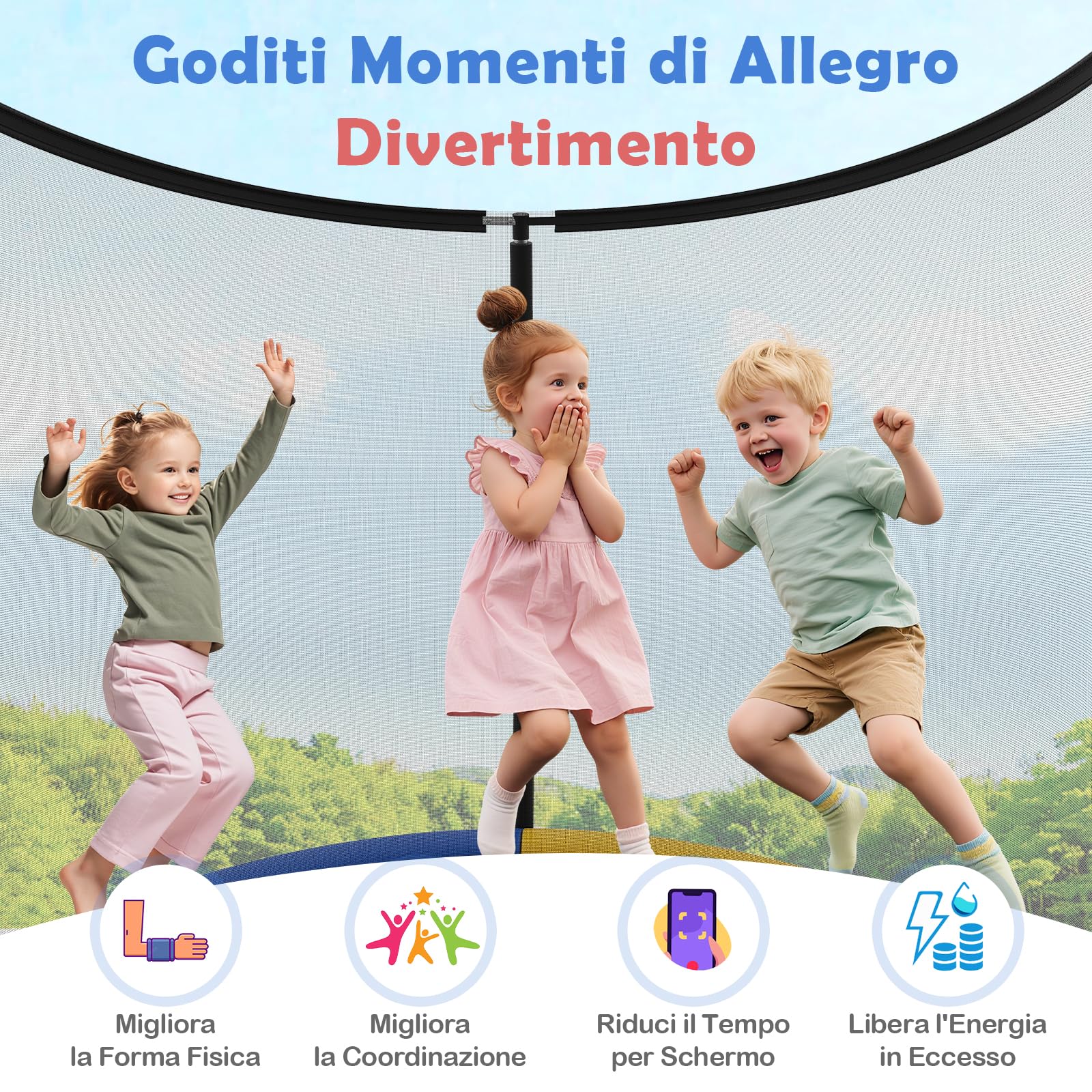 COSTWAY Trampolino Elastico per Bambini e Adulti 244 cm/305 cm/366 cm, Tappeto Elastico da Esterno con Rete di Sicurezza, Scala e Telaio in Acciaio Zincato Antiruggine