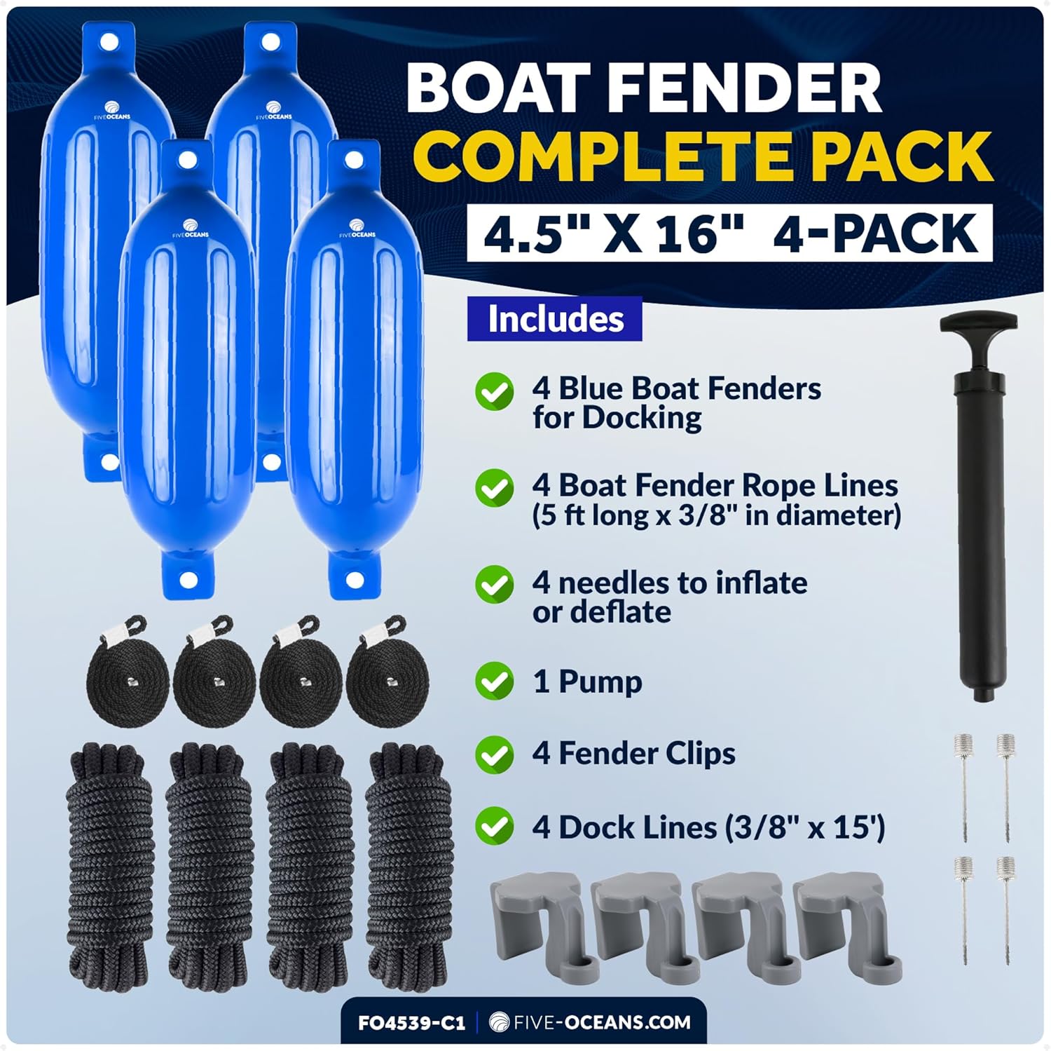 Five Oceans Twin Eye Ribbed Boat Fender Kit, Inflatable Boat Bumpers for Docking with Fender Lines 3/8-Inch x 5Ft, Multiple Size