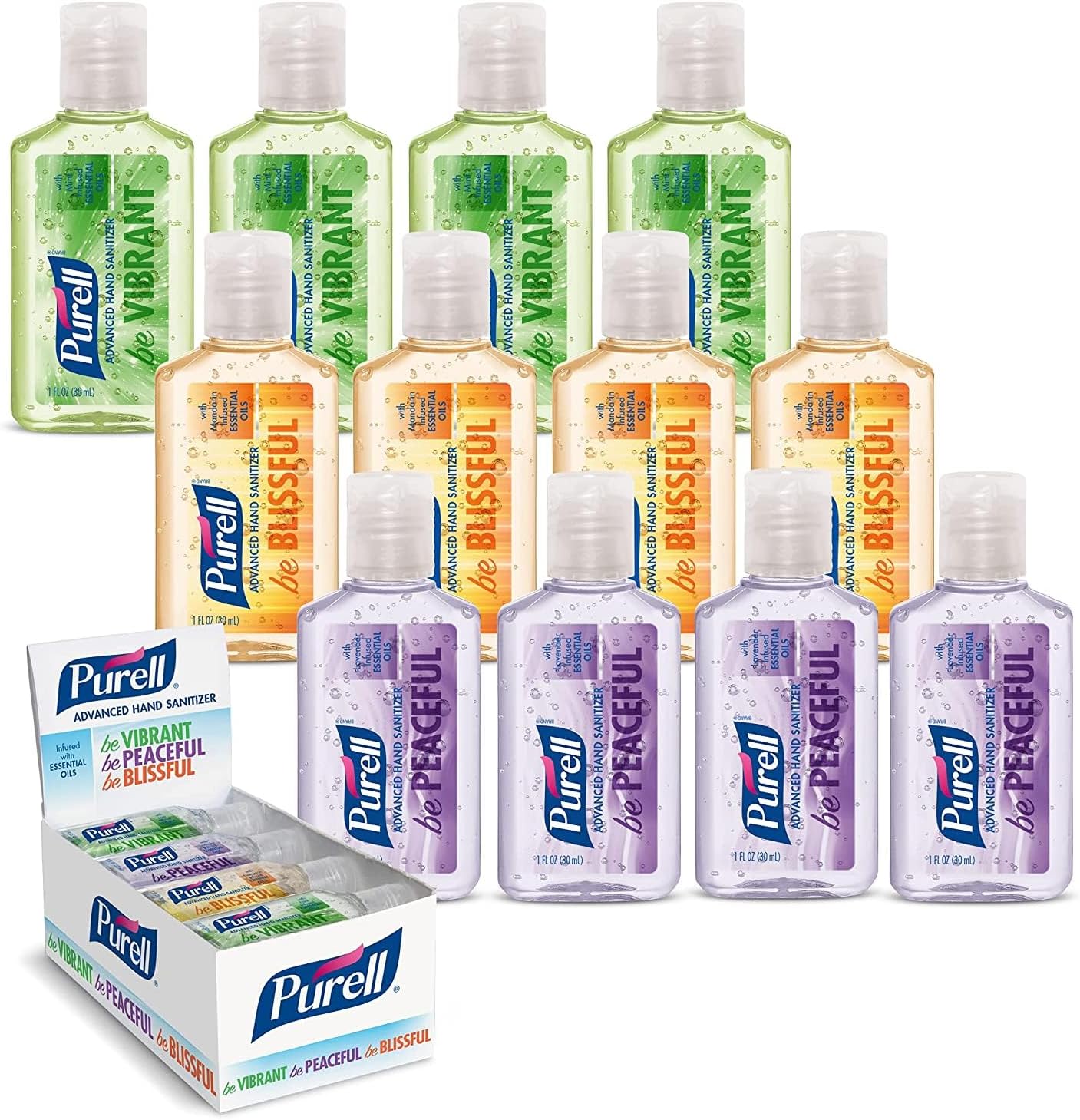 PURELL Advanced Hand Sanitizer Gel Infused with Essential Oils, Scented Variety Pack, 1 fl oz Travel Size Flip Cap Bottles (Box of 12 Bottles)- 3901-24-CMRMETRY