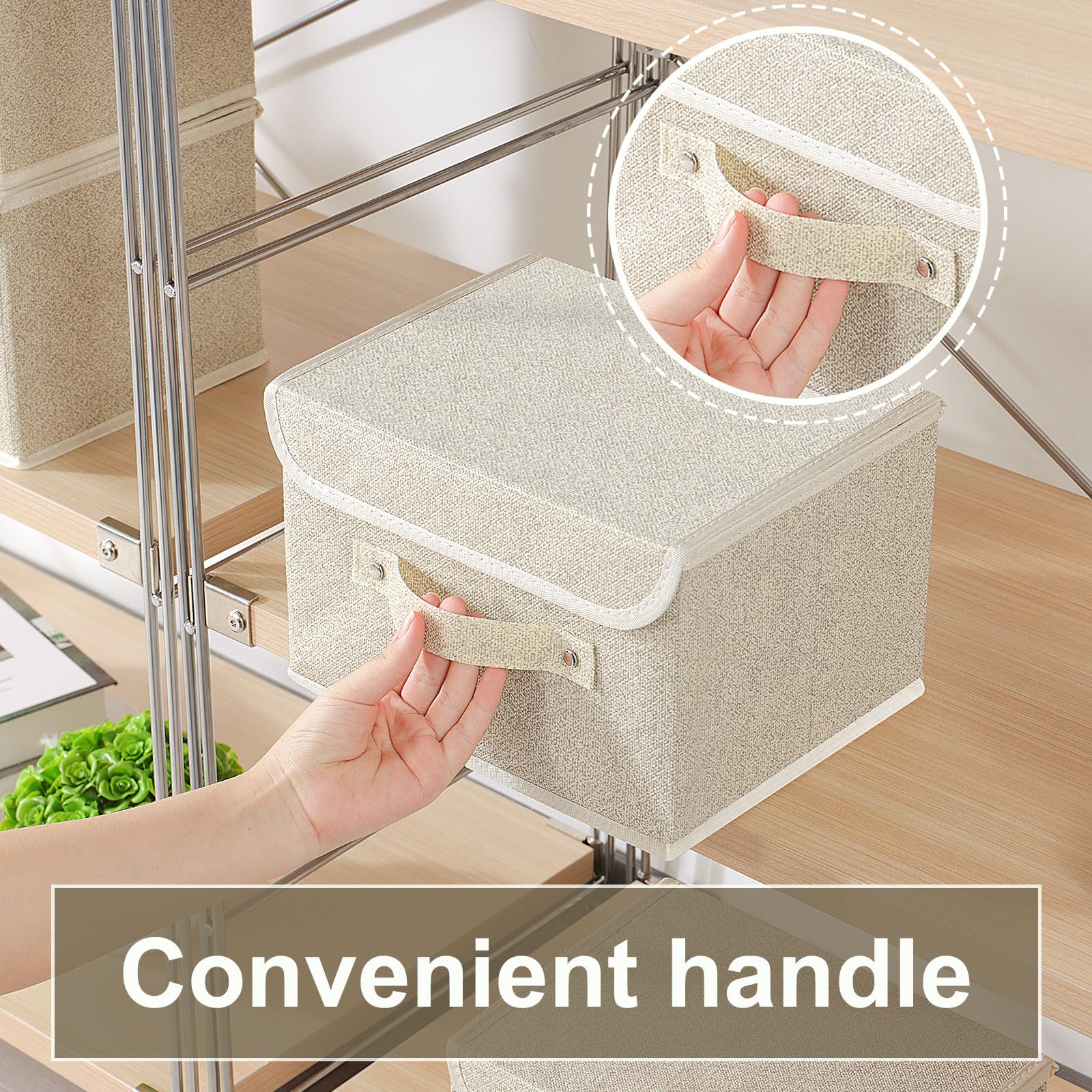 3 Pezzi Scatole di Stoccaggio Pieghevoli con Coperchi, Cubo di Portaoggetti in Tessuto con Manici, per Vestiti da Letto a Casa, Ufficio, Scuola, 26×20×17cm, Grigio Beige