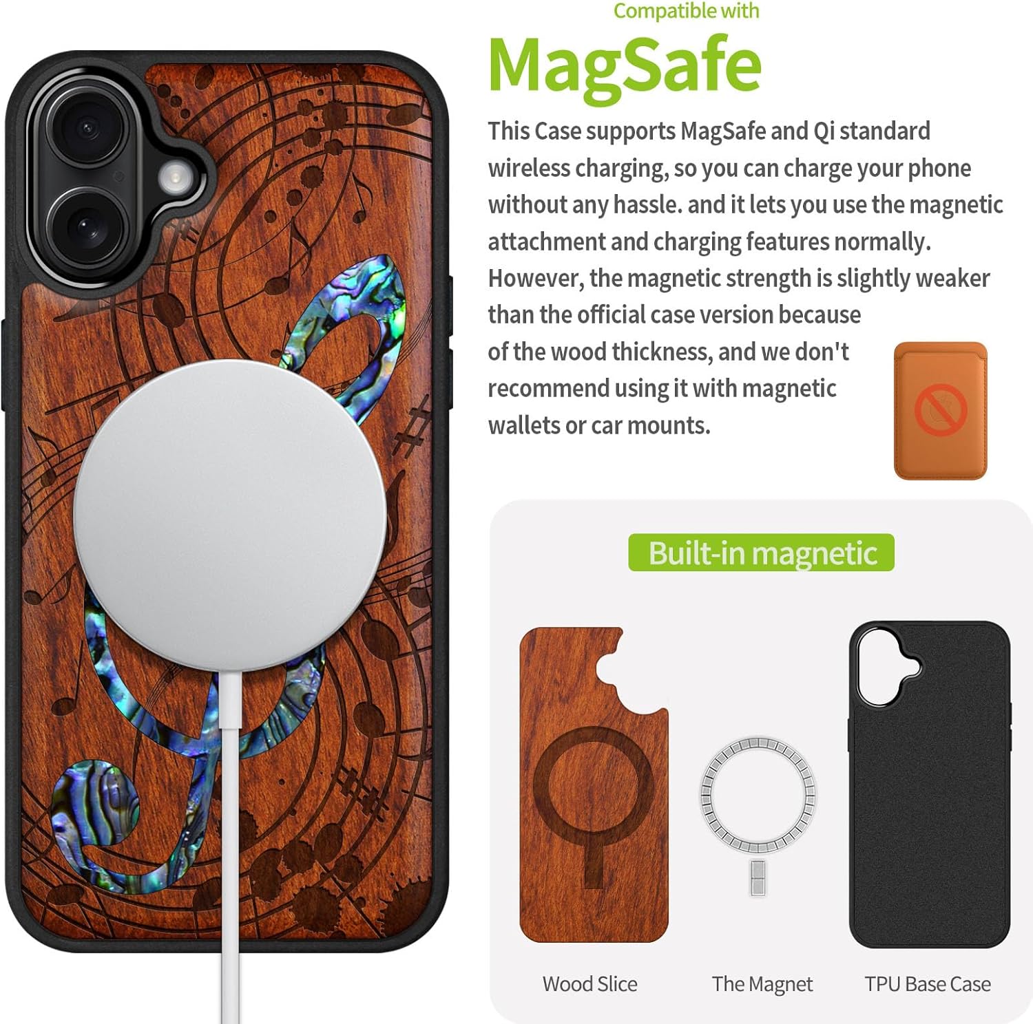 Carveit Magnetic Case for iPhone 16 Plus Case, Wood Artisan Engraved & Handmade Shell Inlaid, TPU Shockproof Cover, Compatible with MagSafe Wireless Chargers (Musical Note) Rosy
