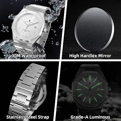 SAPPHERO Watches Men Octagonal Stainless Steel Waterproof Analog Japanese Quartz Wrist Watch Date Fashion Classic Business Luxury Watches for Men Elegant Gifts
