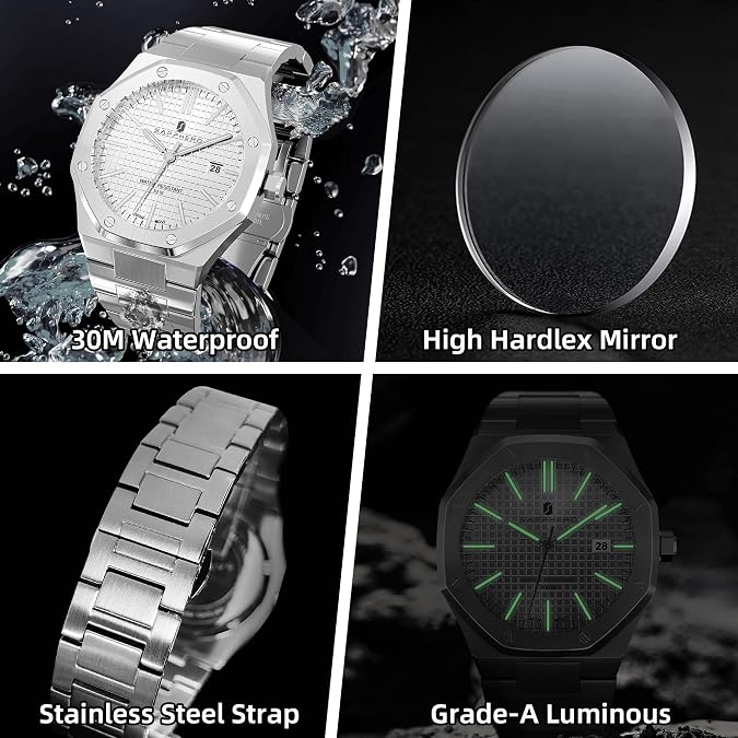 SAPPHERO Watches Men Octagonal Stainless Steel Waterproof Analog Japanese Quartz Wrist Watch Date Fashion Classic Business Luxury Watches for Men Elegant Gifts