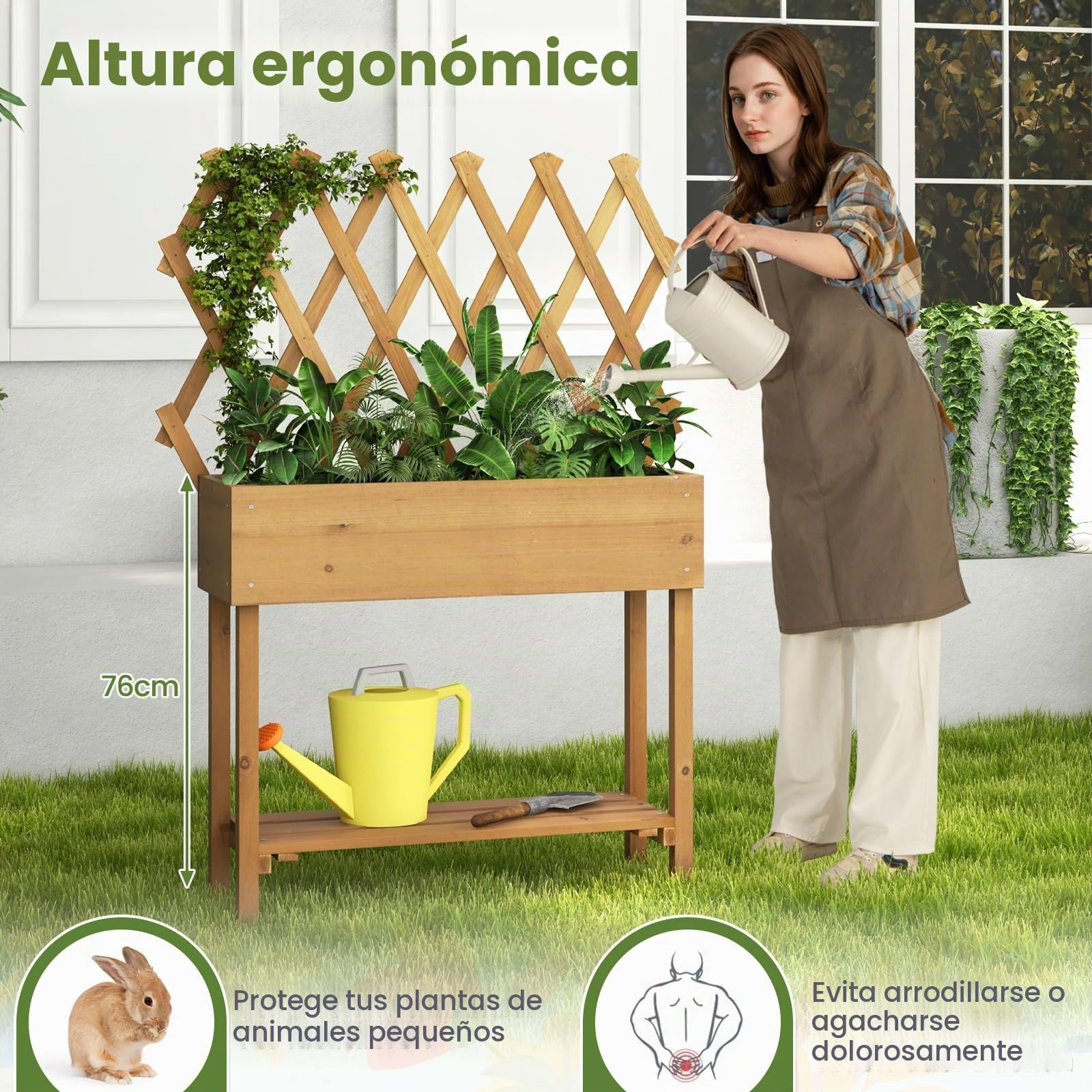 GOPLUS Huerto Urbano con Enrejado y Estante | Jardinera Elevada con Ruedas, Orificios de Drenaje, Macetero Exterior para Patio Jardín Balcón, 90 x 29 x 129 cm