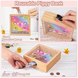 Piggy Bank for Kids, Wooden Money Coin Bank for Boys and Girls, Dinosaur Unicorn Piggy Banks with DIY Stickers for Birthday, Easter Gifts (Rainbow)