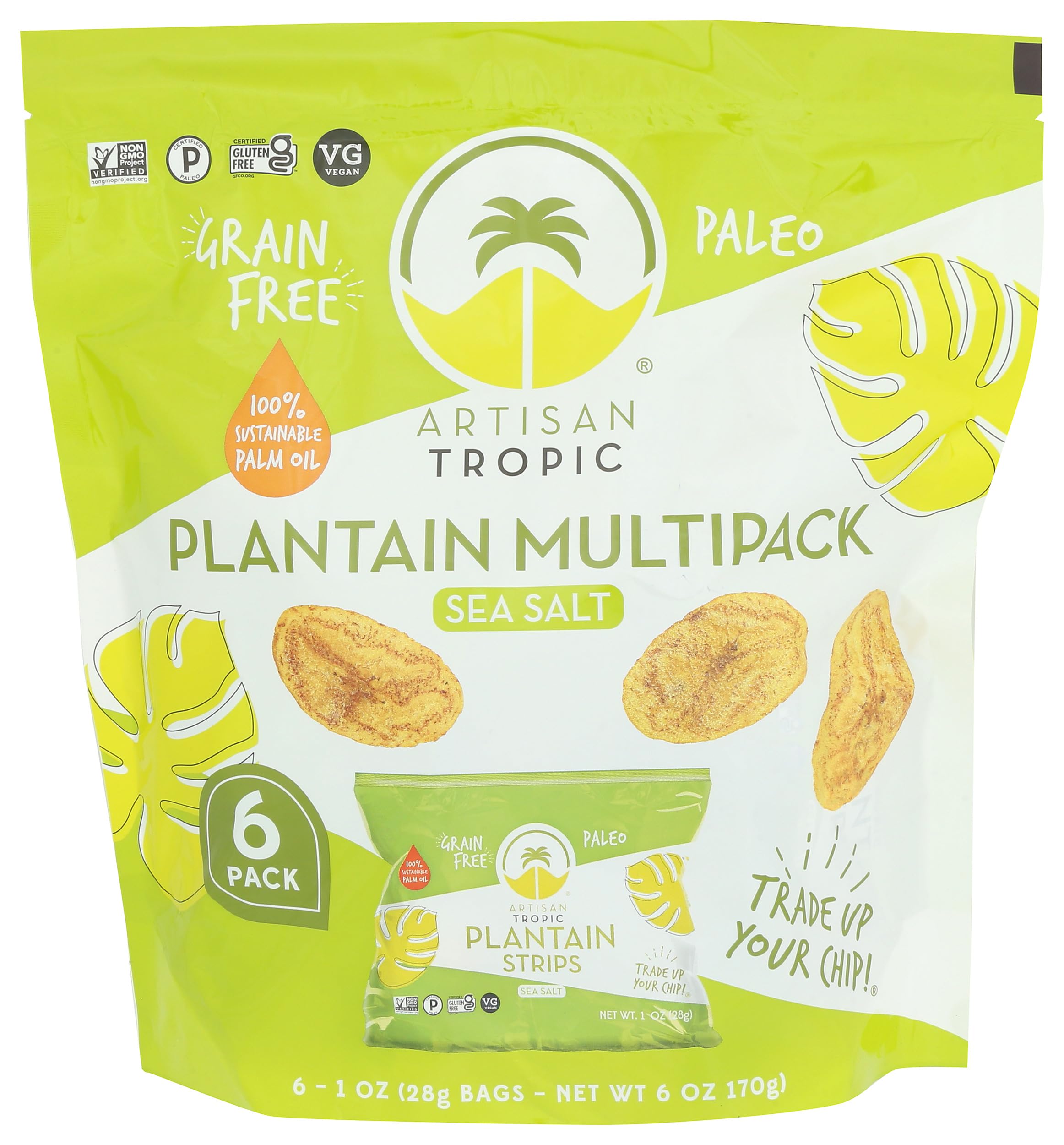 ARTISAN TROPIC Plantain Strips Sea Salt - 6 Pack, 1oz - Vegan, Paleo, Gluten Free Chips - Individual Bags Healthy Snacks for School, Gym, Kids – Whole 30 Approved Foods Baked Banana Chips