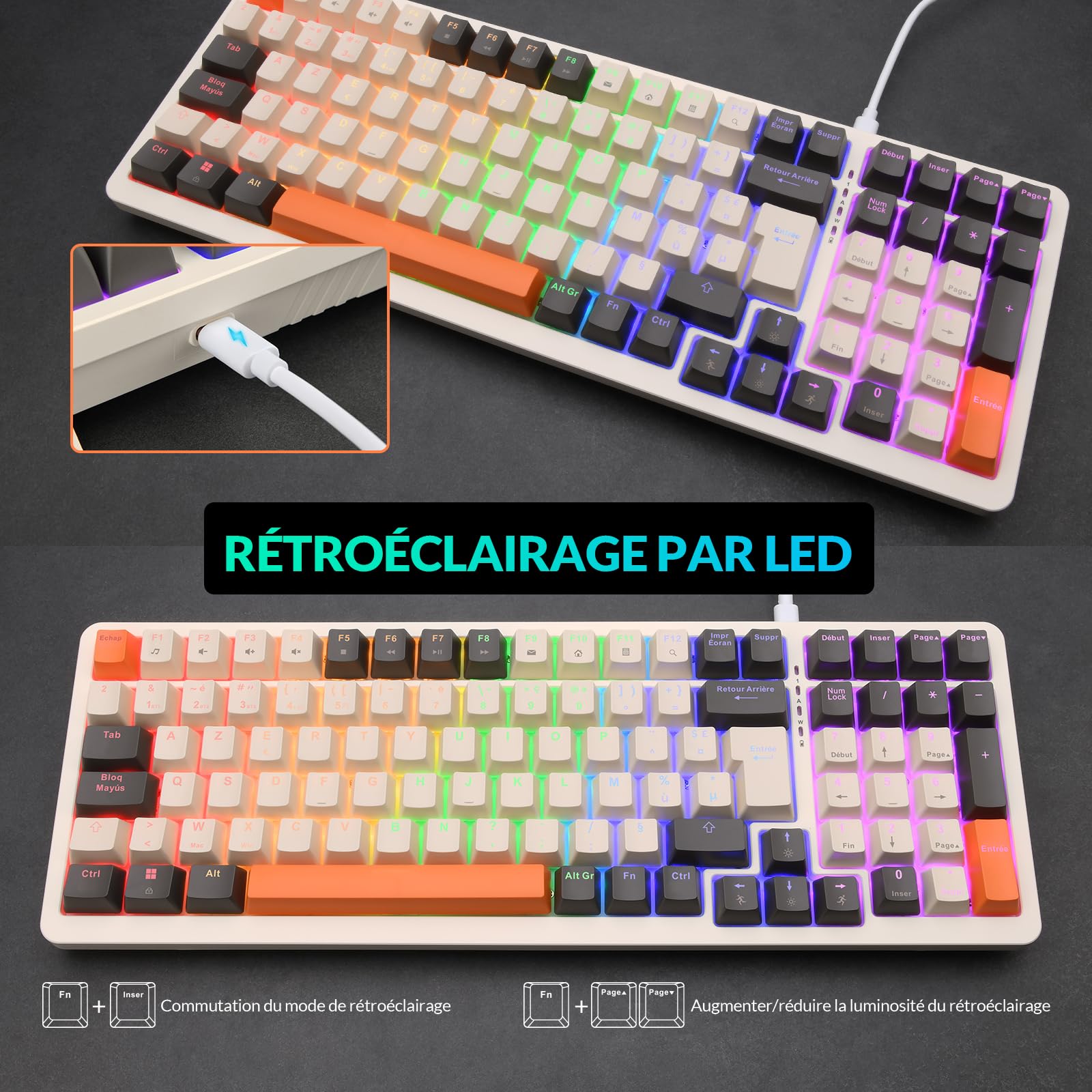 Rii Clavier Mécanique de Jeu Mécanique sans Fil avec pavé Numérique,3 Modes(2.4 GHz/Bluetooth/Filaire),Rétroéclairage LED,Interrupteurs Rouges,101 Touches 96% Layout,pour PC/Windows/Mac/Smartphone