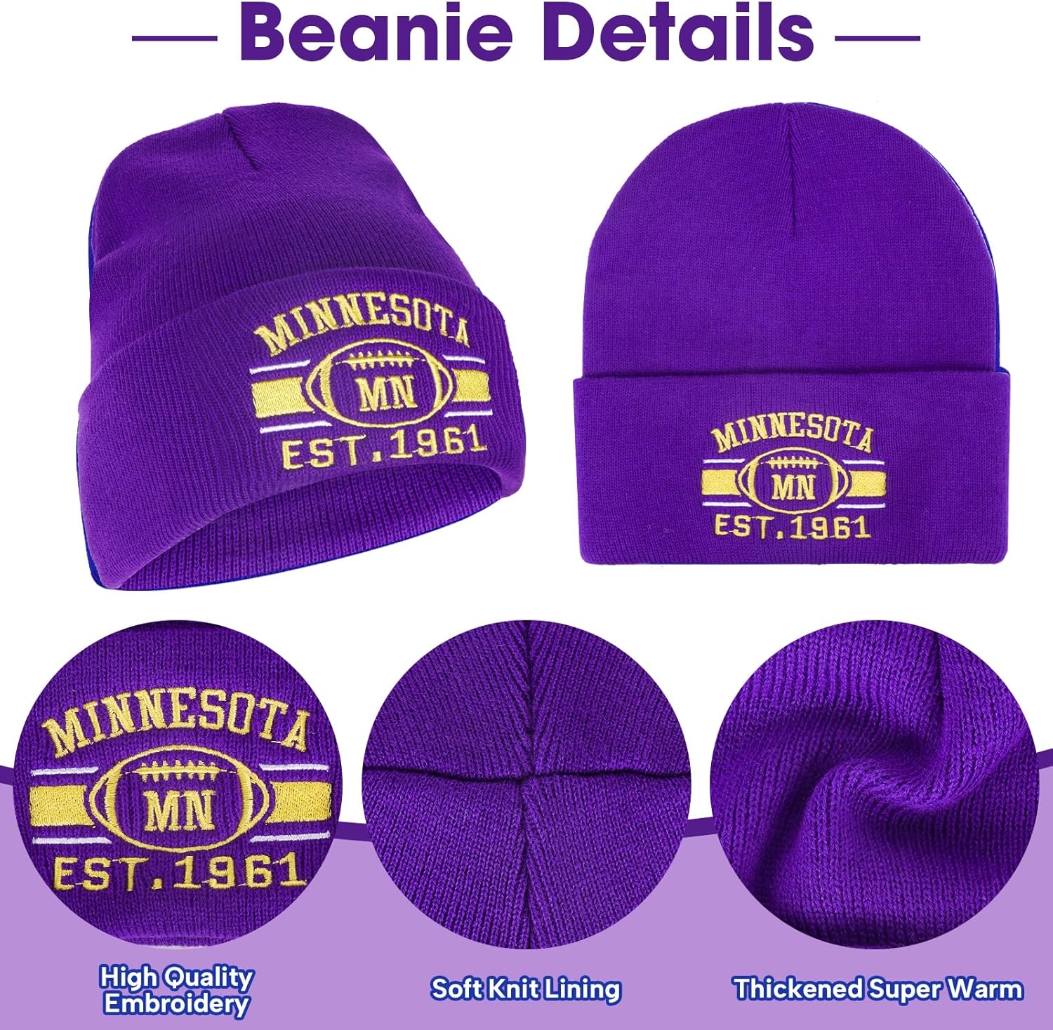 Classic Beanie Hat for Football Fans Embroidered Skull Cap Vintage Cuffed Knit Hat Warm Winter Gloves Gifts for Men Women - Image 2