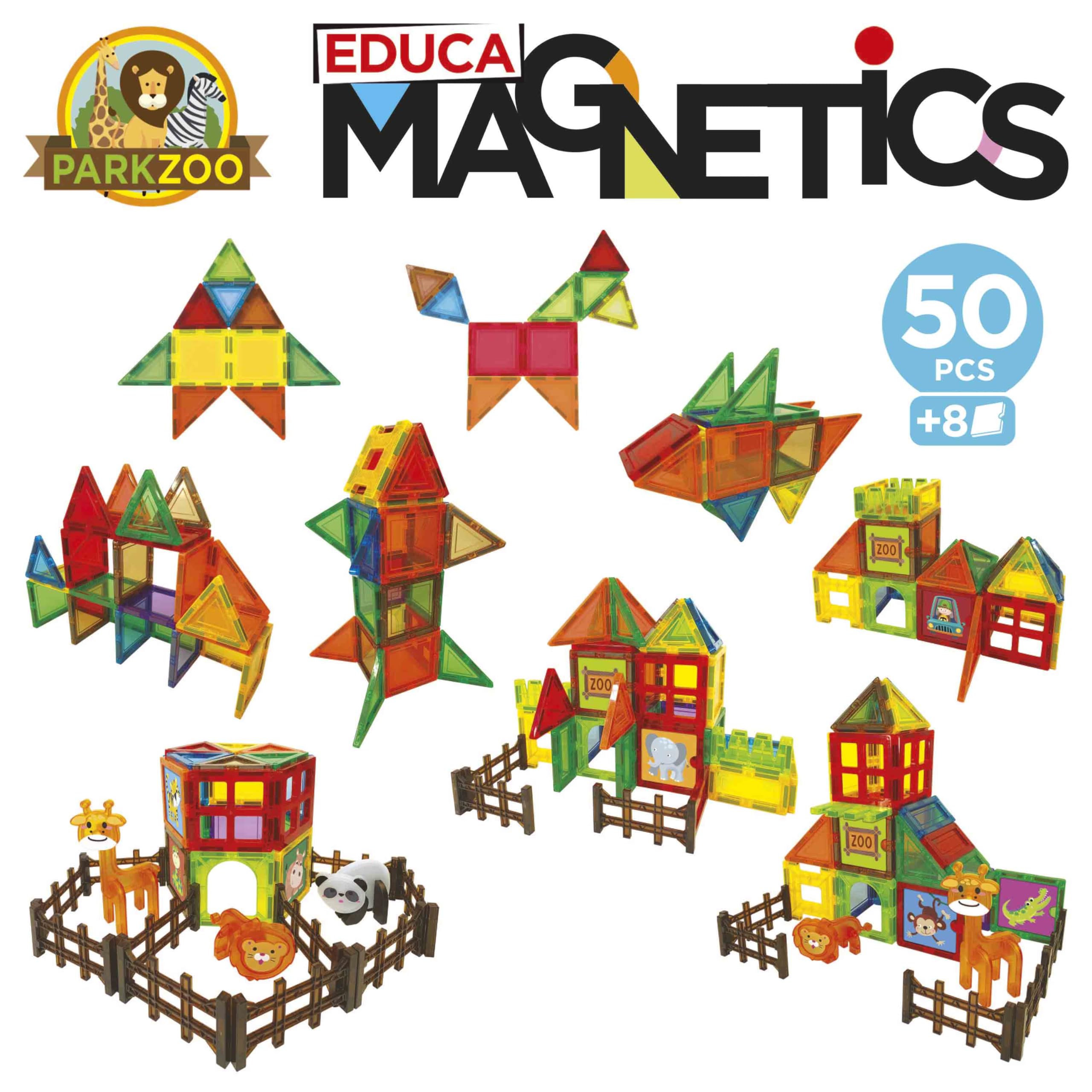 Educa - Magnetics Parck Zoo | Juego Educativo de construcción 3D magnético con 50 Piezas para niños. Incluye 4 Animales y 8 Tarjetas. Construye Figuras geométricas. A Partir de 3 años (20270)