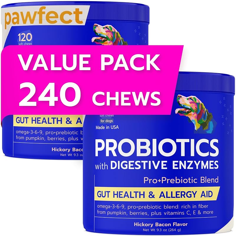 Suplemento probiótico para cães com enzimas digestivas PAWFECTCHEW, sabor Bacon, 240 unidades
