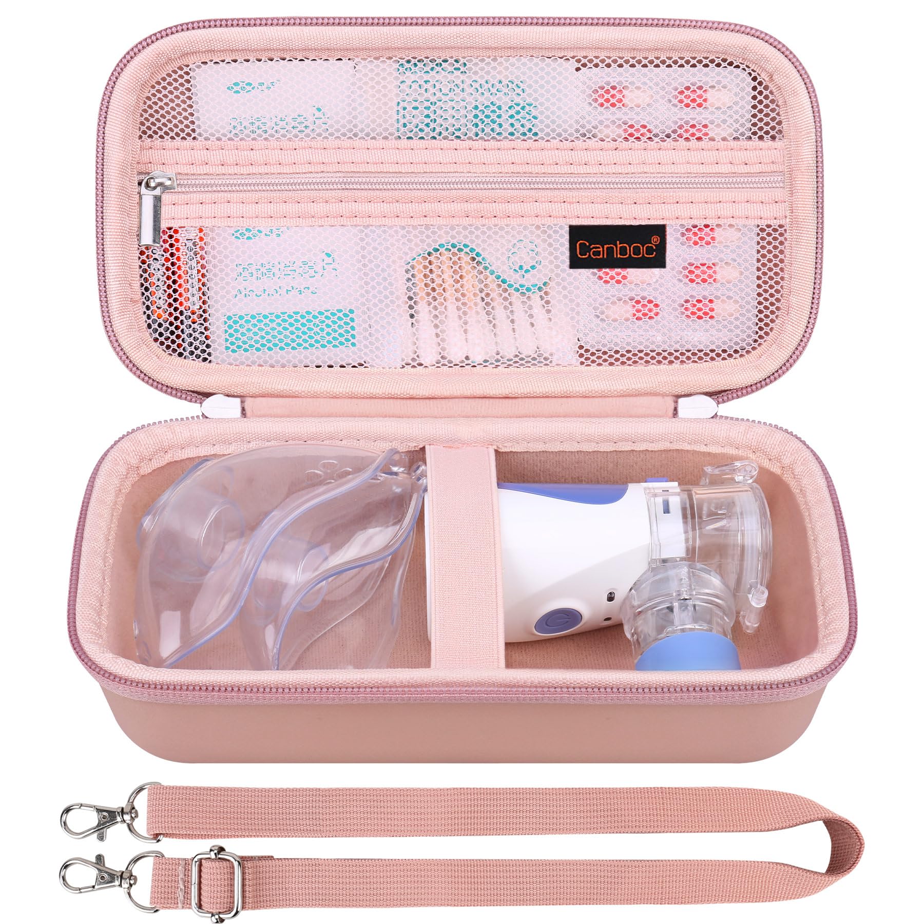 Canboc Travel Case for Portable Nebulizer, Handheld Nebulizer for Adults, Mesh Nebulizer Bag with Removable Shoulder Strap, Mesh Pocket fit Medication or Essentials, Rose Gold (Case Only)