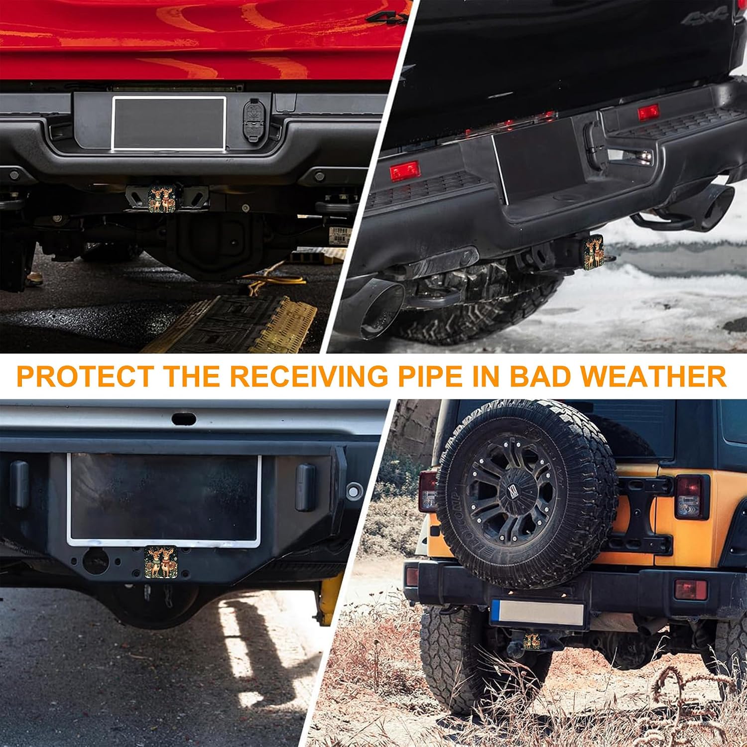 Xmas Deers Trailer Hitch Cover,Elk in Snow Hitch Cover Fits for 2 Inch,Square Tube Cap Rubber Plug Insert for Cars Suvs Trucks